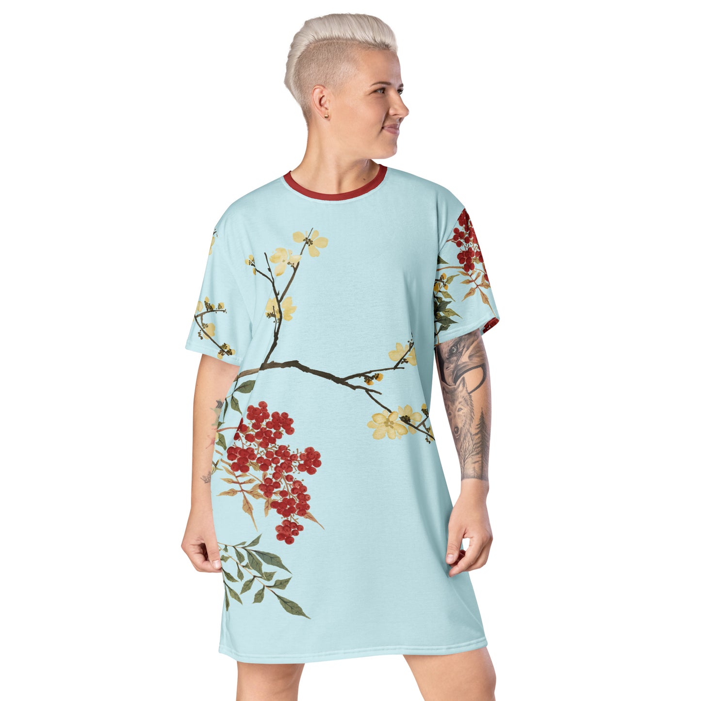 The Spirit of Flowers in Twelve Months｜Blooming Wintersweet and Heavenly Bamboo｜T-shirt dress｜Aqua blue