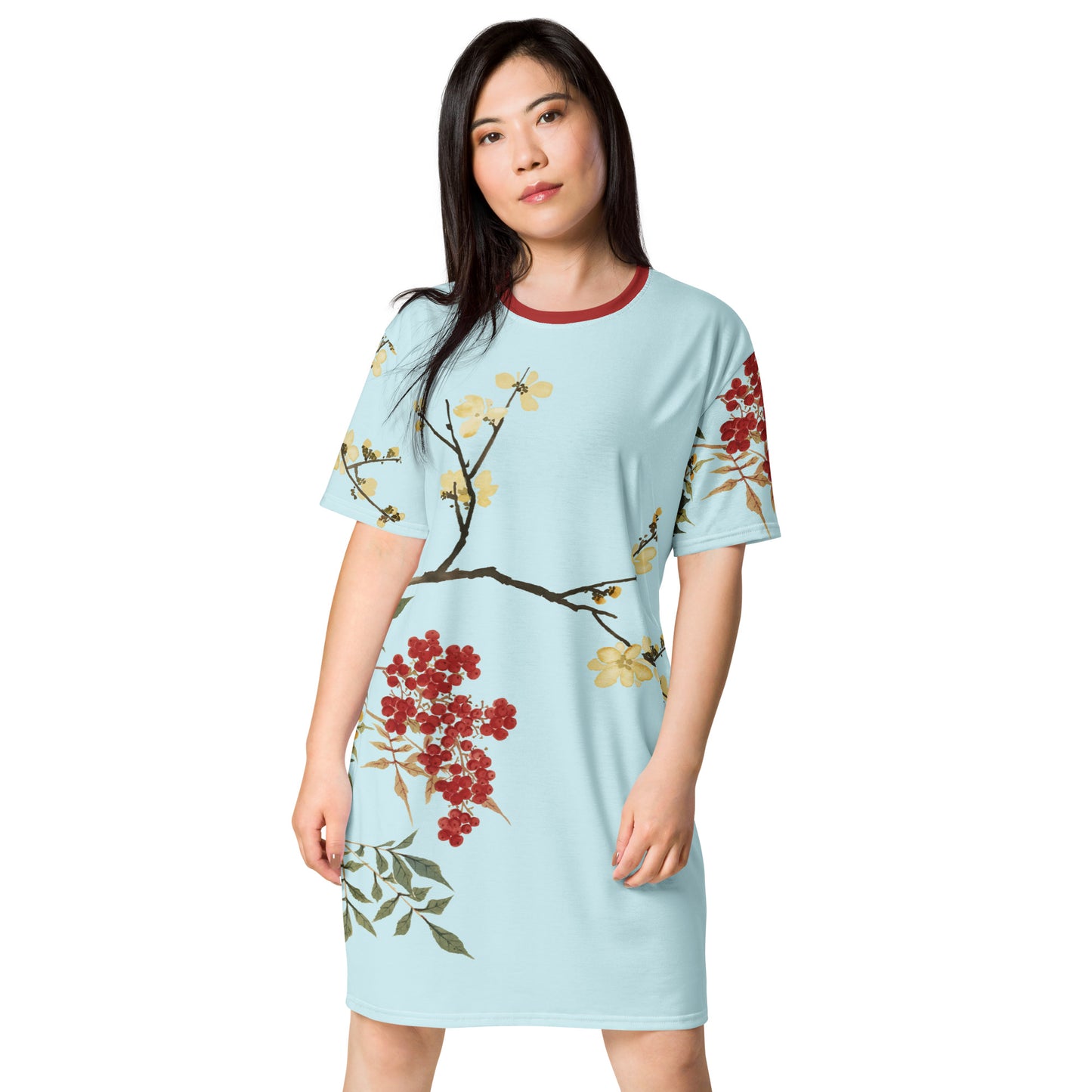 The Spirit of Flowers in Twelve Months｜Blooming Wintersweet and Heavenly Bamboo｜T-shirt dress｜Aqua blue