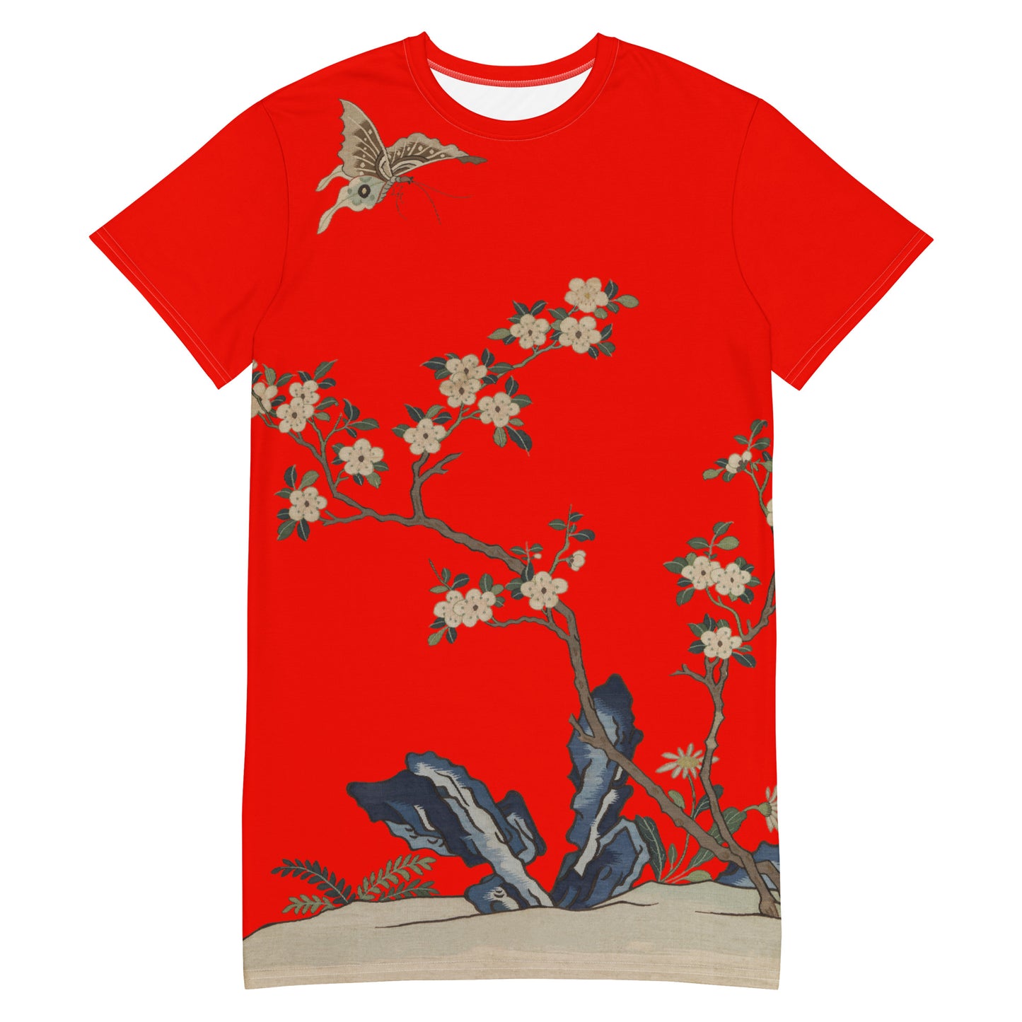 タペストリーの花｜白梅と蝶｜Tシャツドレス｜Garnet red