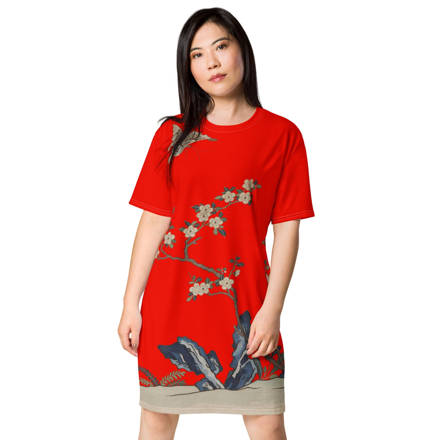 Kesi Flower Album｜White Plum Blossoms and Butterfly｜T-shirt dress｜Garnet red