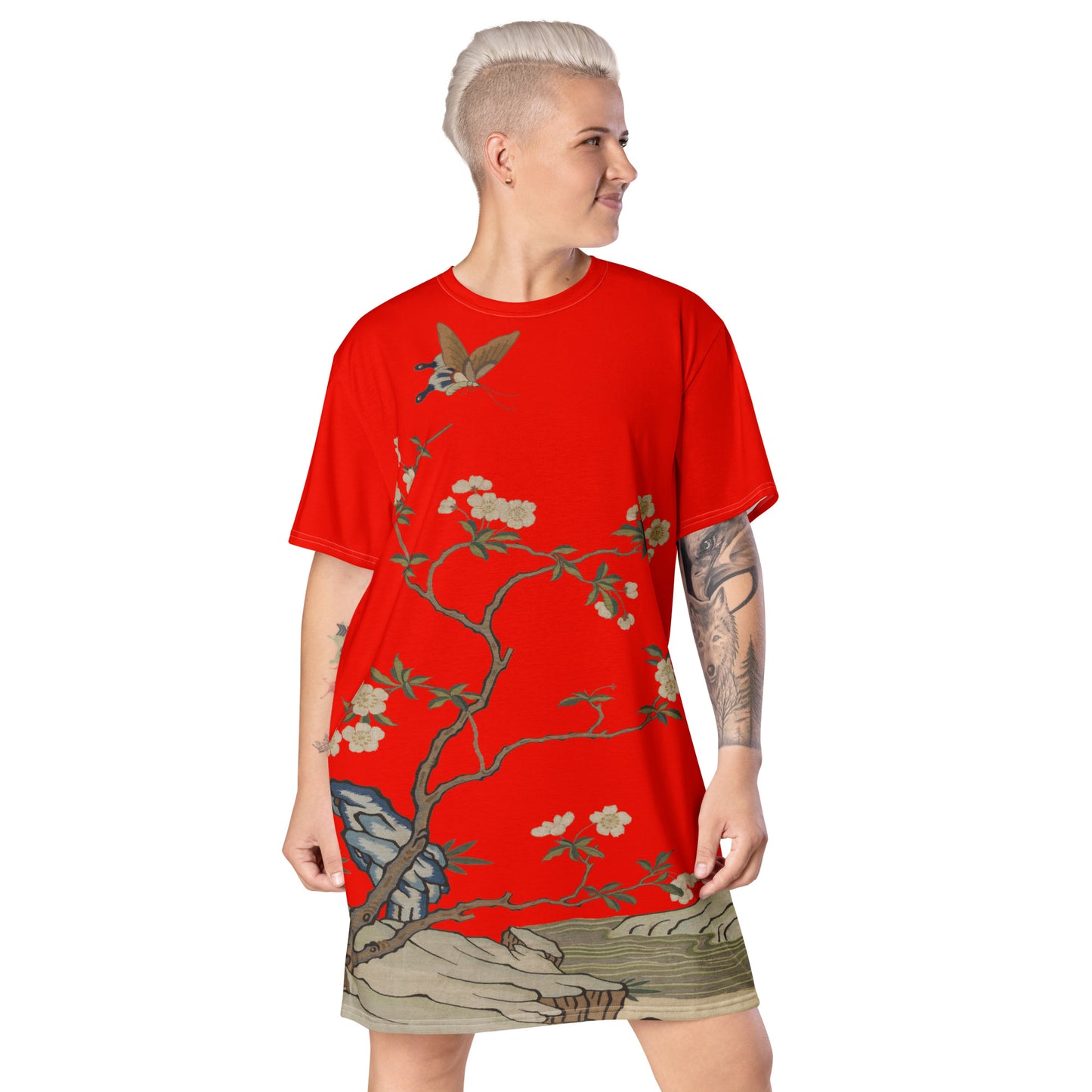 Kesi Flower Album｜Plum Blossoms and Butterfly｜T-shirt dress｜Garnet red