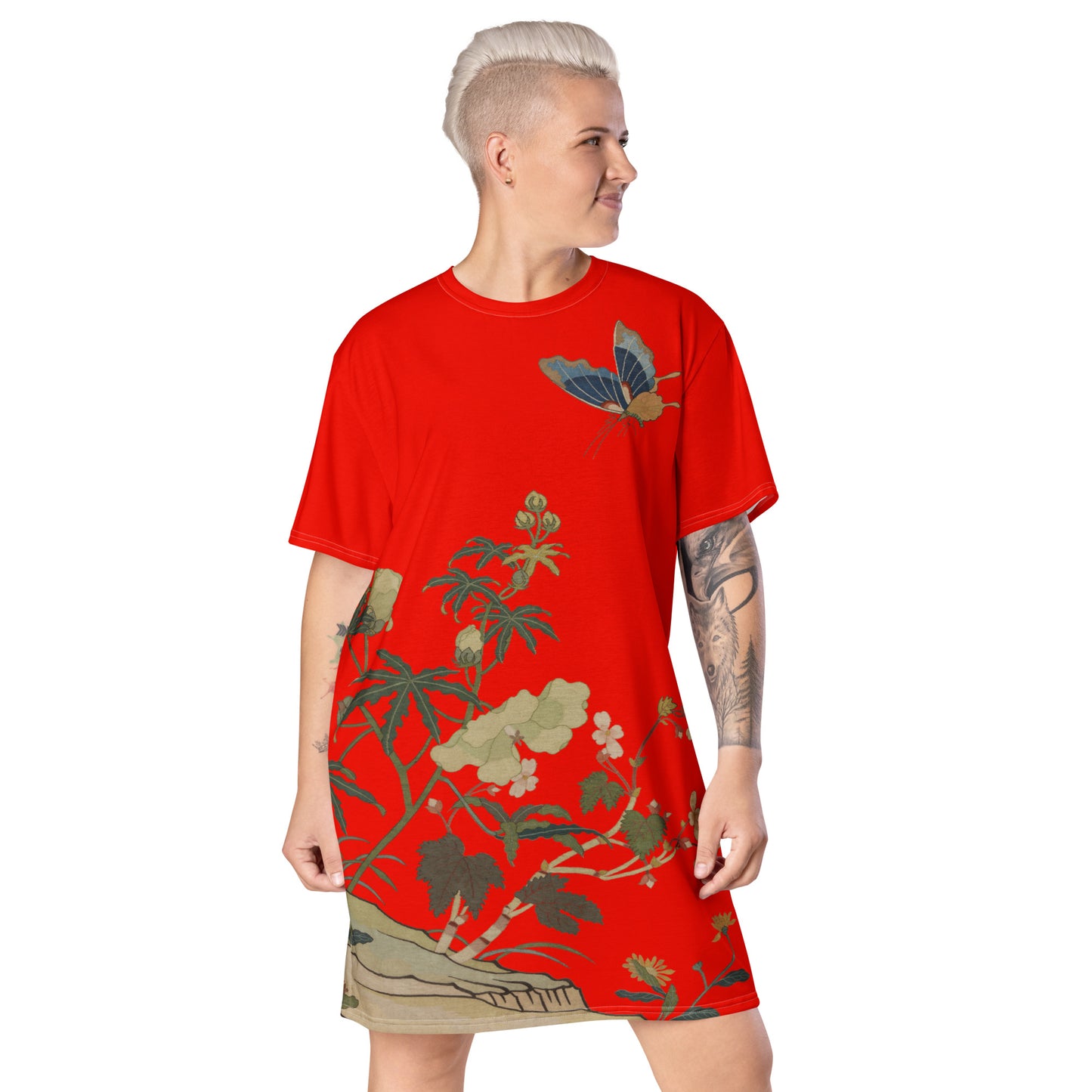 Kesi Flower Album｜Hibiscus and Begonia Blossoms｜T-shirt dress｜Garnet red