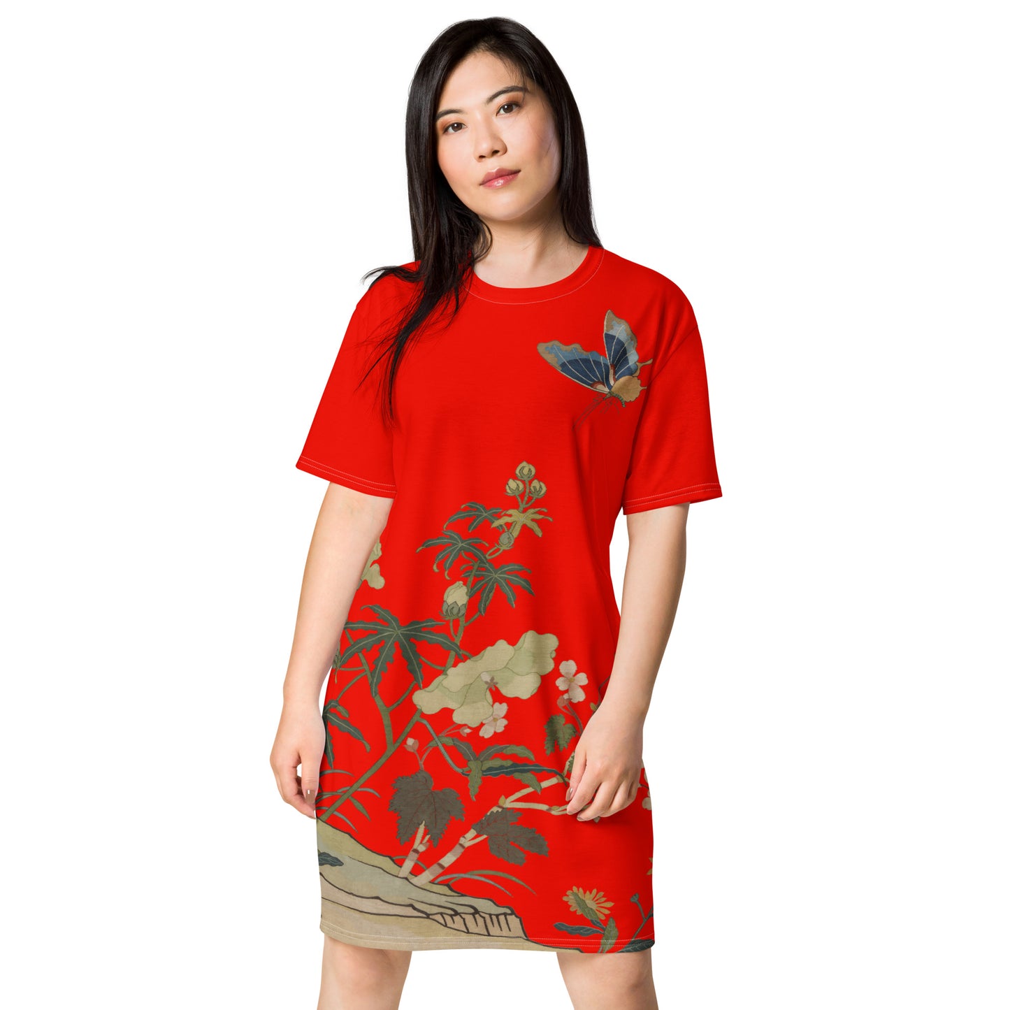 Kesi Flower Album｜Hibiscus and Begonia Blossoms｜T-shirt dress｜Garnet red