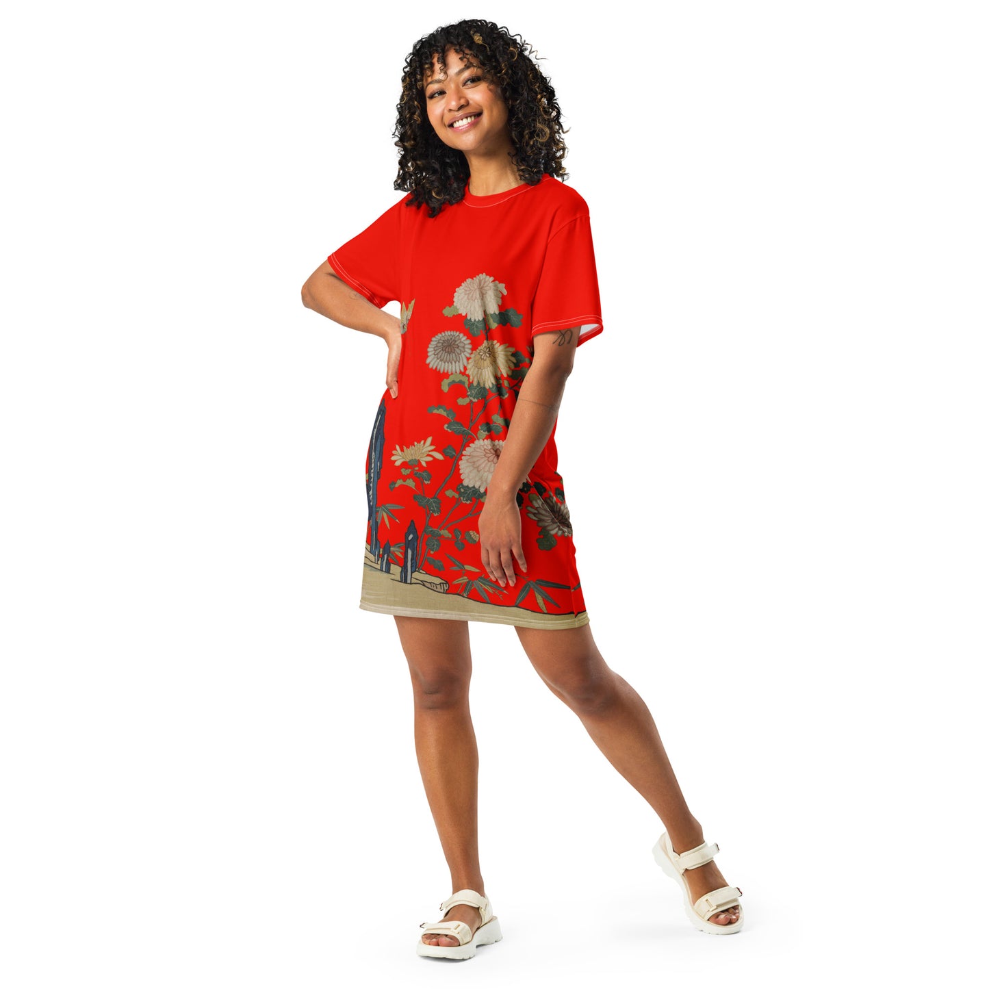 Kesi Flower Album｜Chrysanthemums and Butterflies｜T-shirt dress｜Garnet red