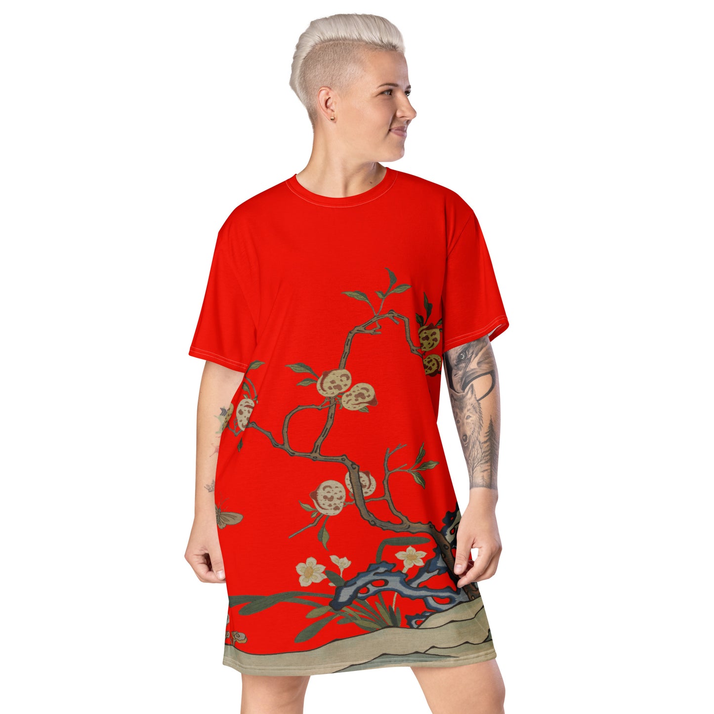 Kesi Flower Album｜Narcissus and Peaches｜T-shirt dress｜Garnet red