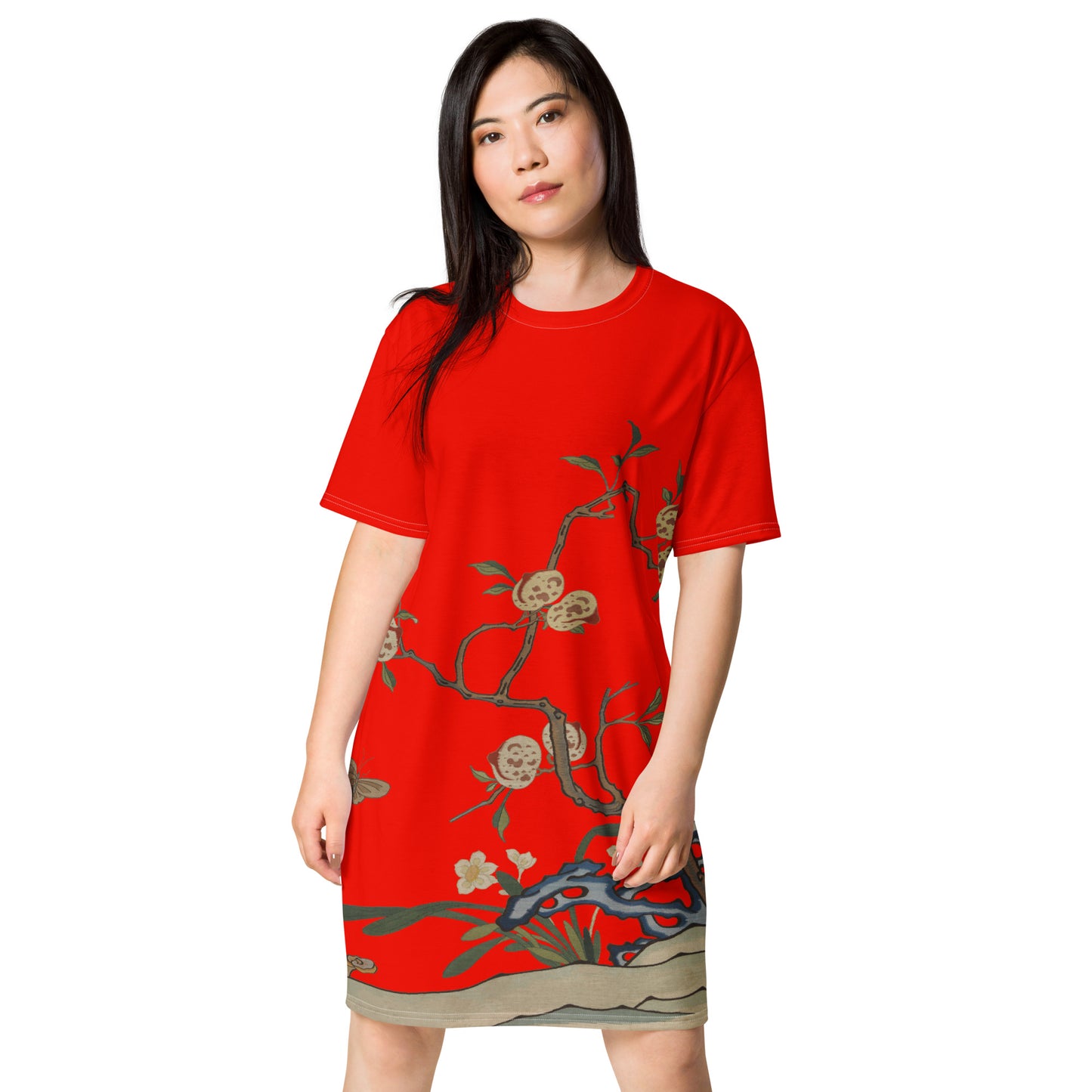 Kesi Flower Album｜Narcissus and Peaches｜T-shirt dress｜Garnet red