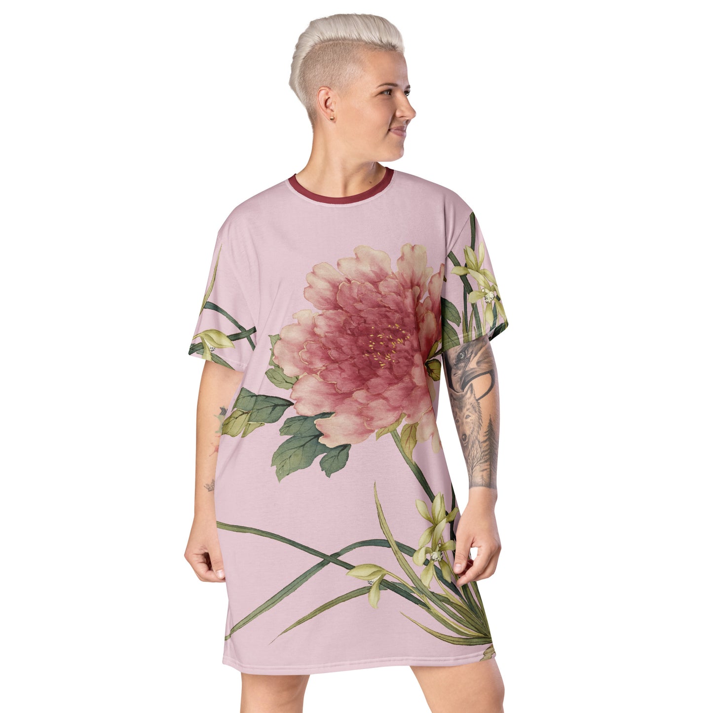 The Spirit of Flowers in Twelve Months｜Orchid and Tree Peony in Bloom｜T-shirt dress｜Pale pinkish gray