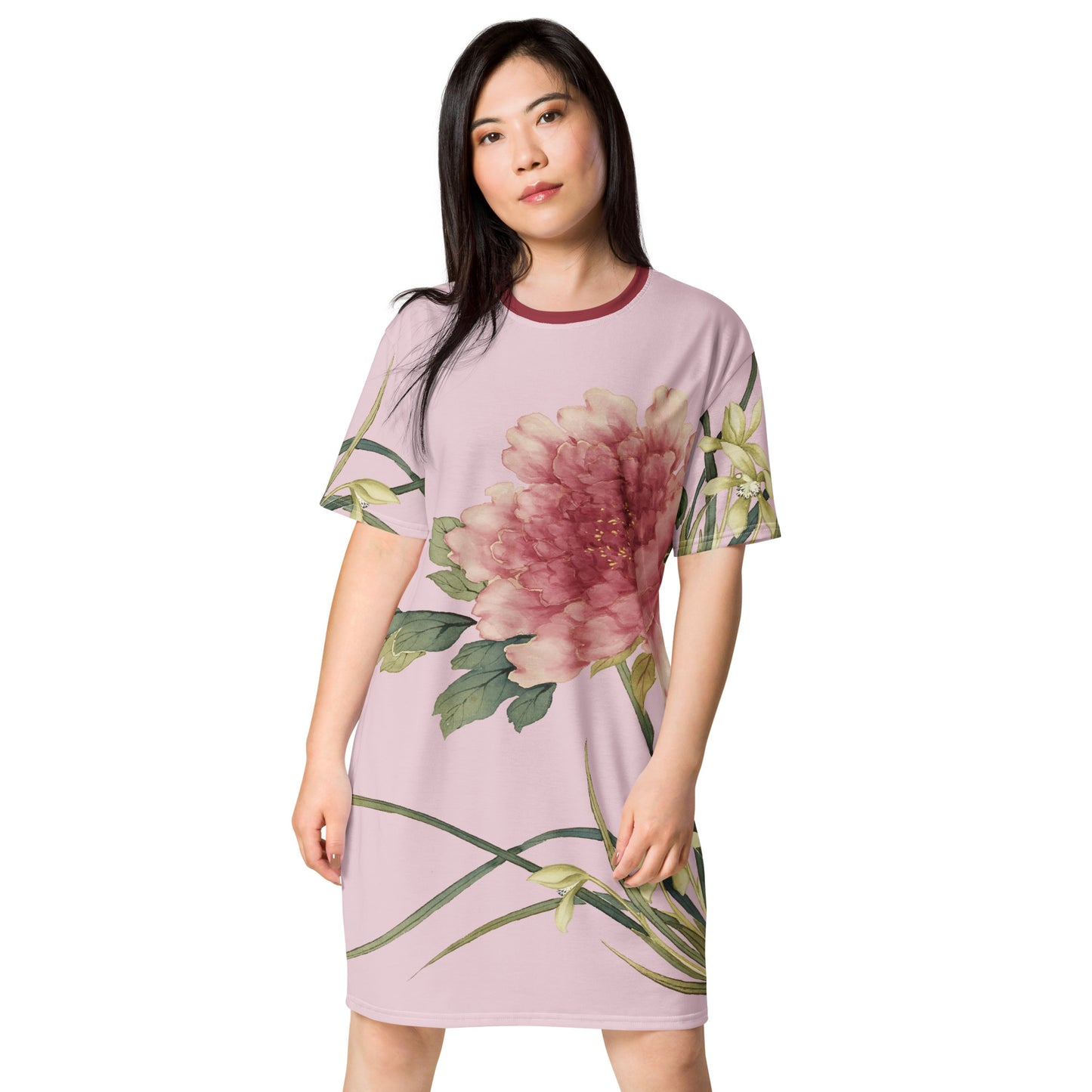 The Spirit of Flowers in Twelve Months｜Orchid and Tree Peony in Bloom｜T-shirt dress｜Pale pinkish gray