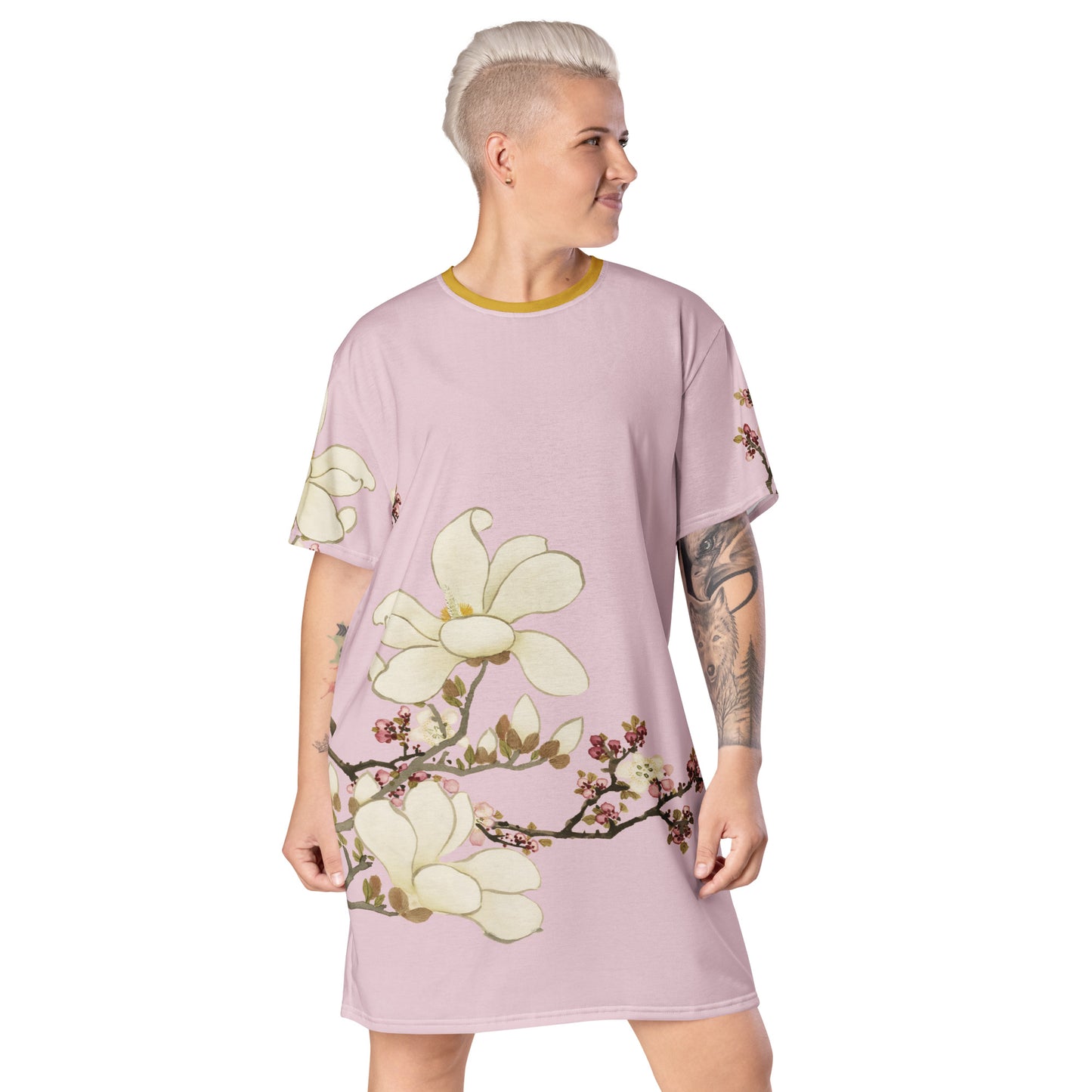 12月の花神様｜Apricot and Lily Magnolia in Blossom｜Tシャツドレス｜Pale pinkish gray