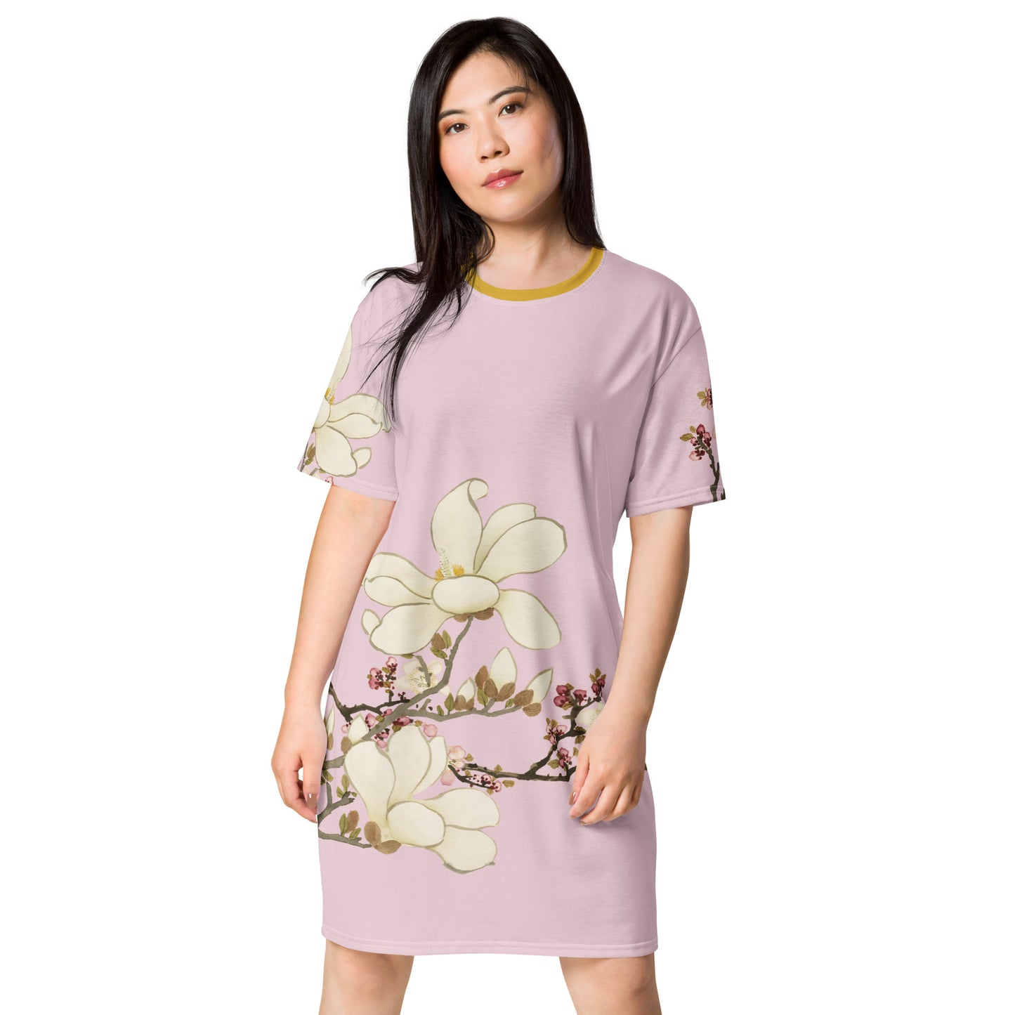 The Spirit of Flowers in Twelve Months｜Apricot and Lily Magnolia in Blossom｜T-shirt dress｜Pale pinkish gray