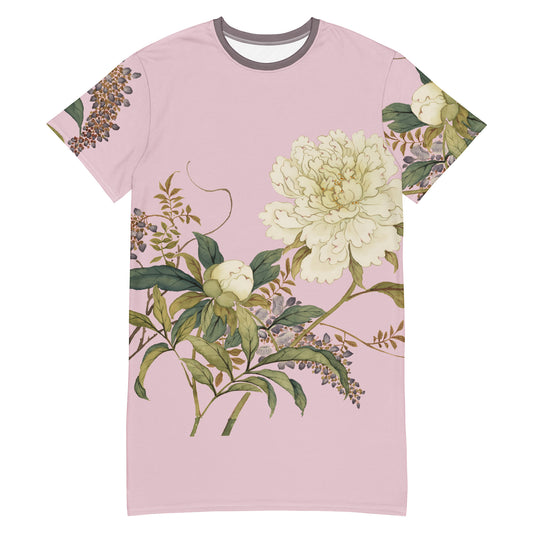 The Spirit of Flowers in Twelve Months｜Chinese Peony and Wisteria in Bloom｜T-shirt dress｜Pale pinkish gray