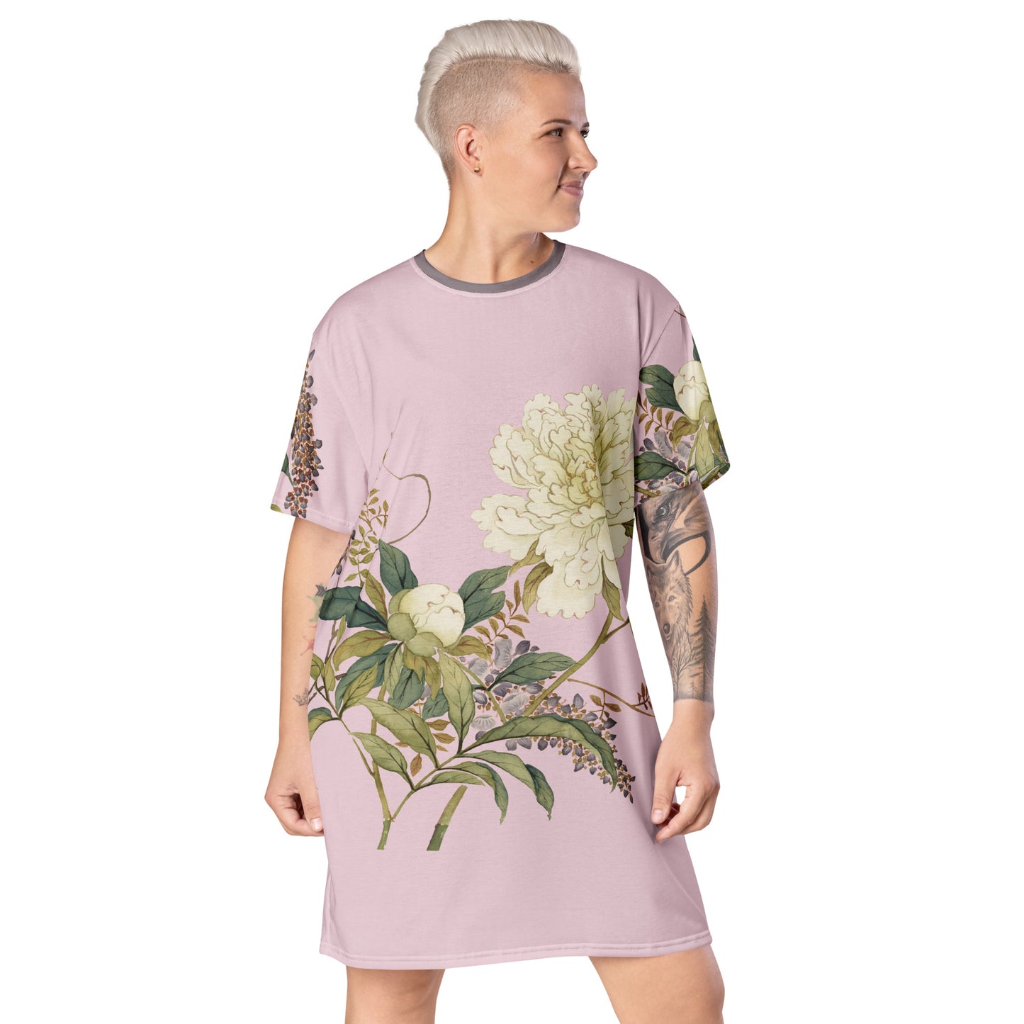 The Spirit of Flowers in Twelve Months｜Chinese Peony and Wisteria in Bloom｜T-shirt dress｜Pale pinkish gray