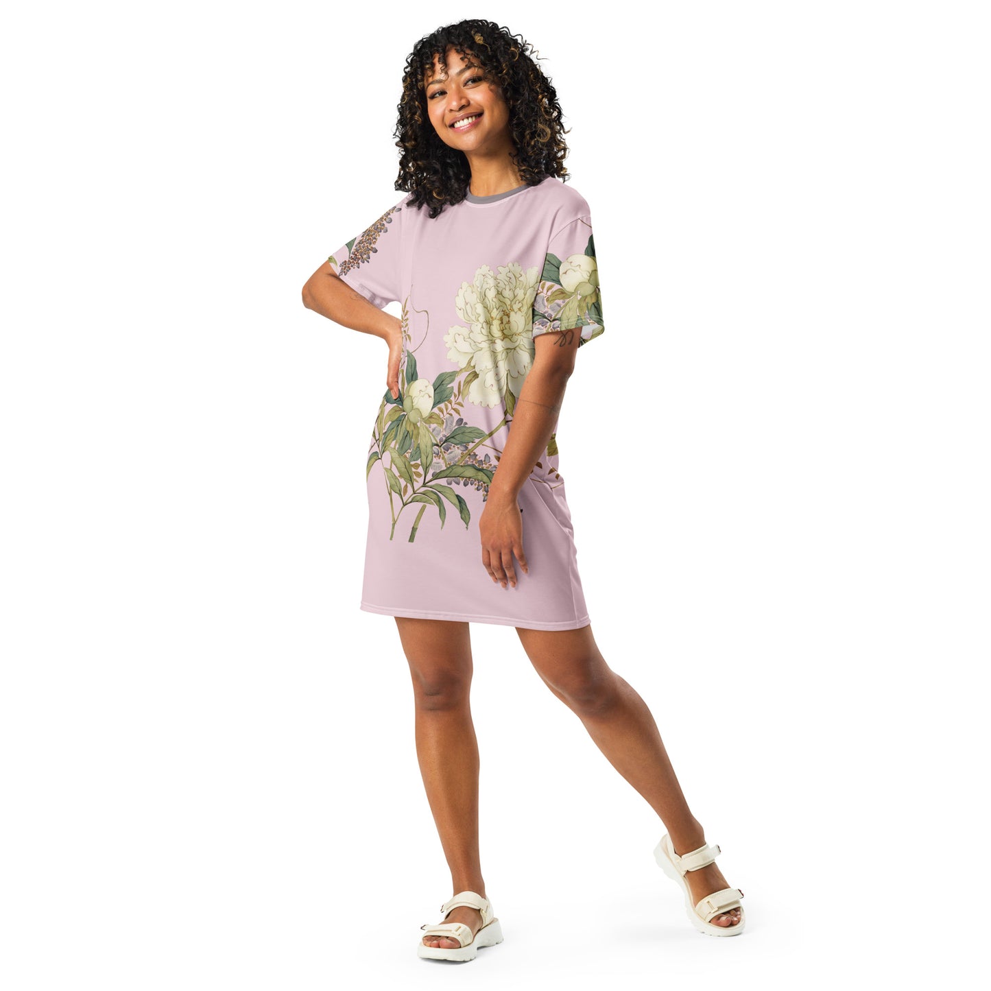 The Spirit of Flowers in Twelve Months｜Chinese Peony and Wisteria in Bloom｜T-shirt dress｜Pale pinkish gray