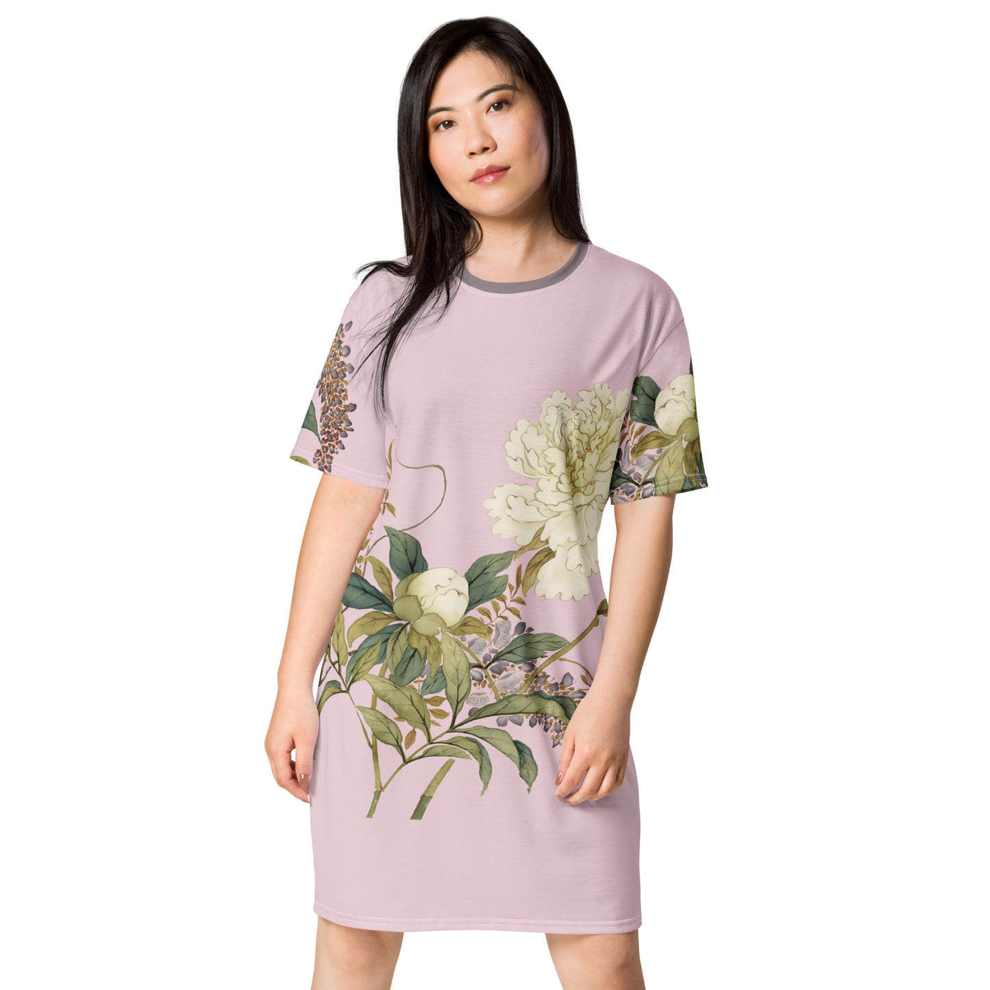 The Spirit of Flowers in Twelve Months｜Chinese Peony and Wisteria in Bloom｜T-shirt dress｜Pale pinkish gray