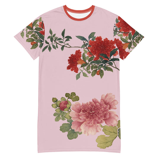 The Spirit of Flowers in Twelve Months｜Hollyhock and Pomegranate in Bloom｜T-shirt dress｜Pale pinkish gray