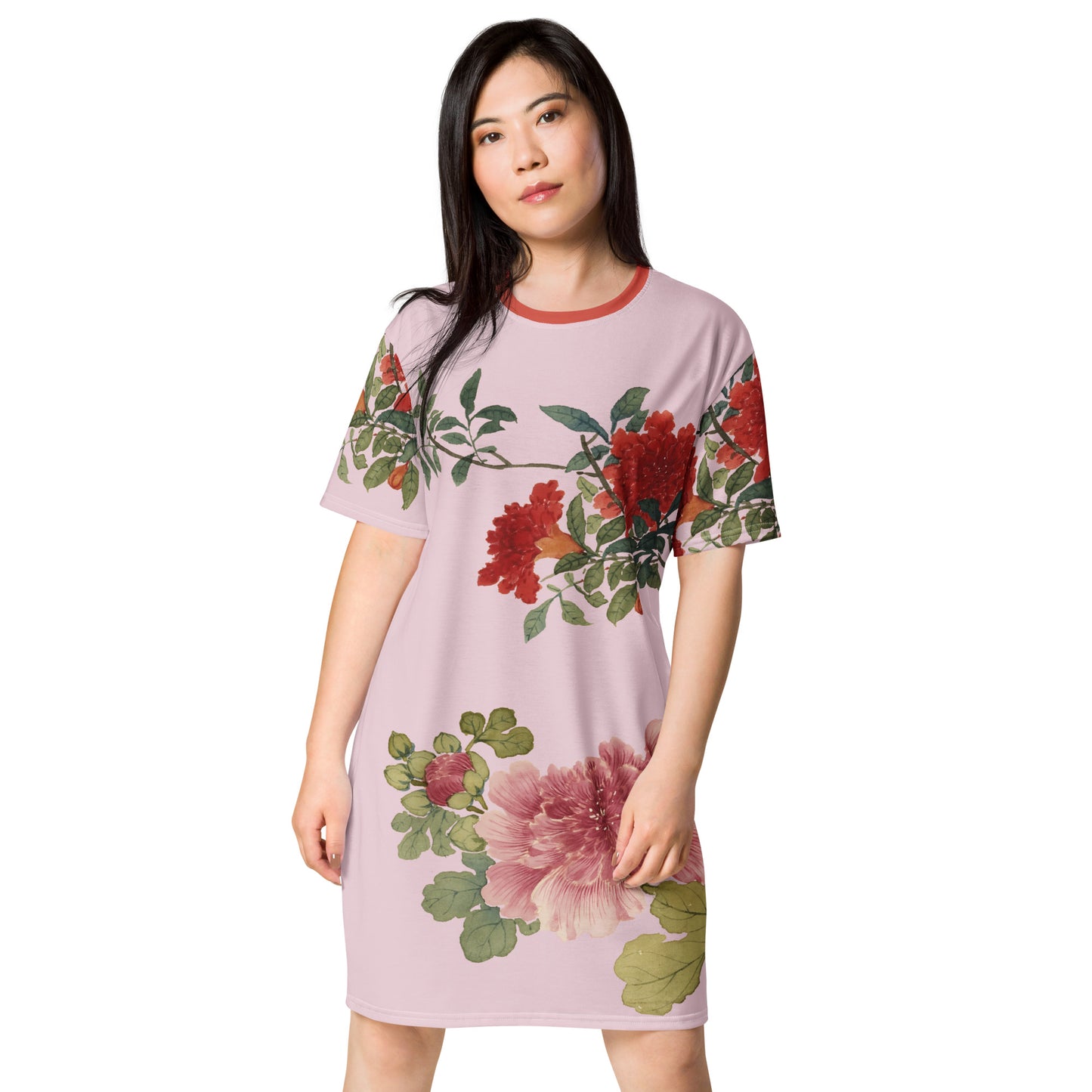 The Spirit of Flowers in Twelve Months｜Hollyhock and Pomegranate in Bloom｜T-shirt dress｜Pale pinkish gray