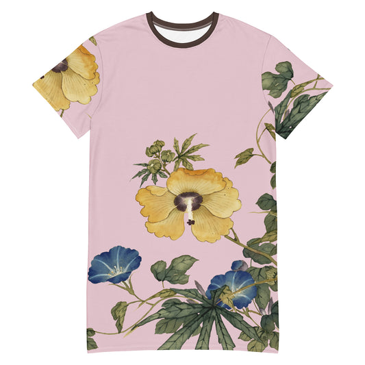 The Spirit of Flowers in Twelve Months｜Okra and White-edged Morning Glory in Bloom｜T-shirt dress｜Pale pinkish gray