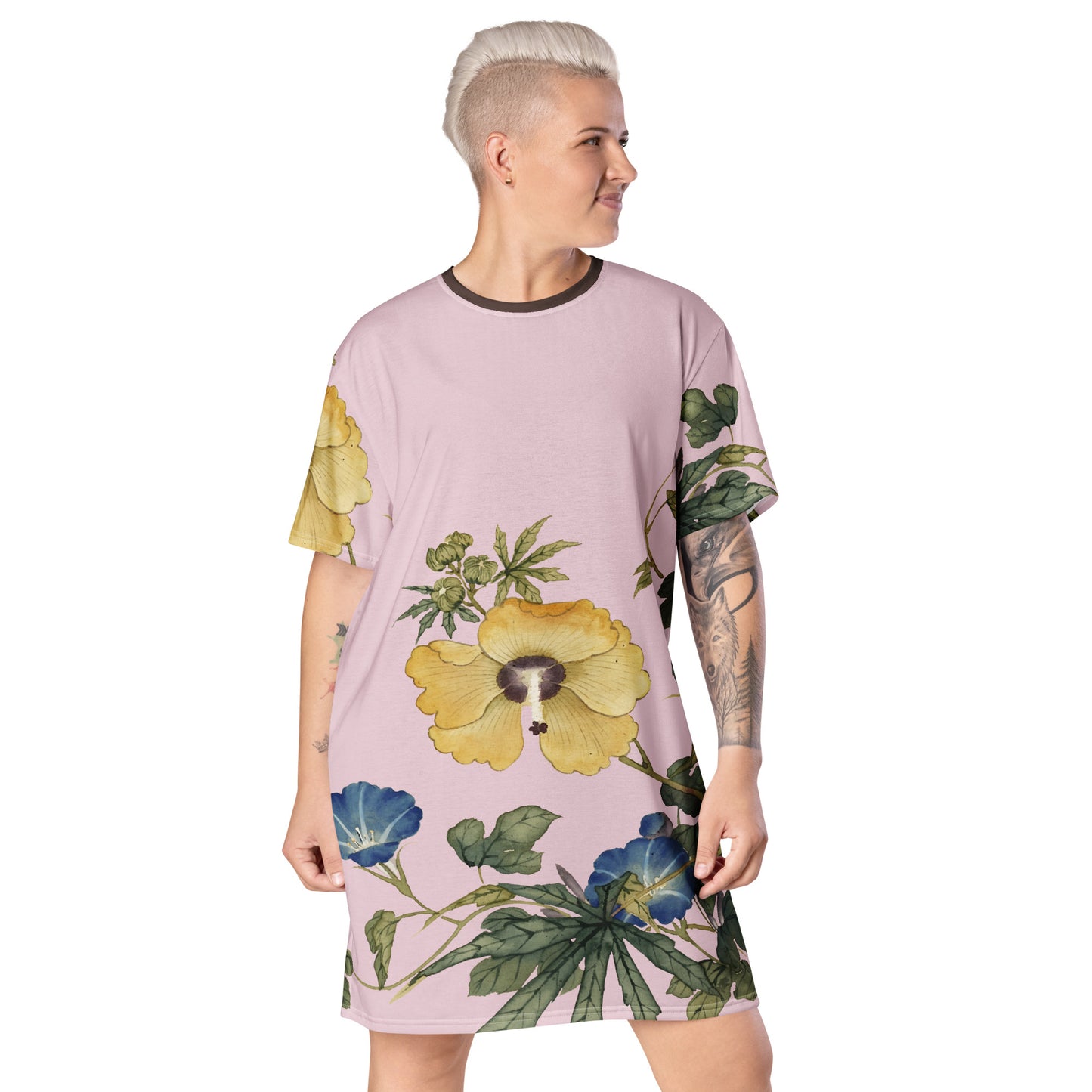 The Spirit of Flowers in Twelve Months｜Okra and White-edged Morning Glory in Bloom｜T-shirt dress｜Pale pinkish gray