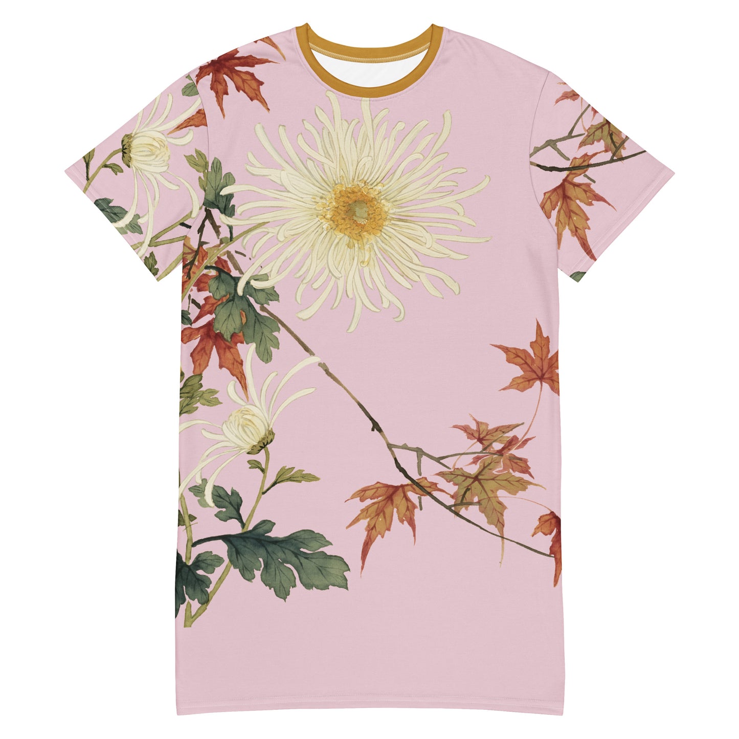 12月の花神様｜Blooming Chrysanthemum and Maple Leaves｜T-shirt dress｜Pale pinkish gray