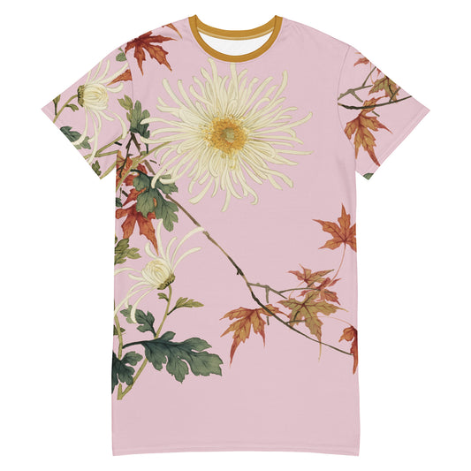 The Spirit of Flowers in Twelve Months｜Blooming Chrysanthemum and Maple Leaves｜T-shirt dress｜Pale pinkish gray