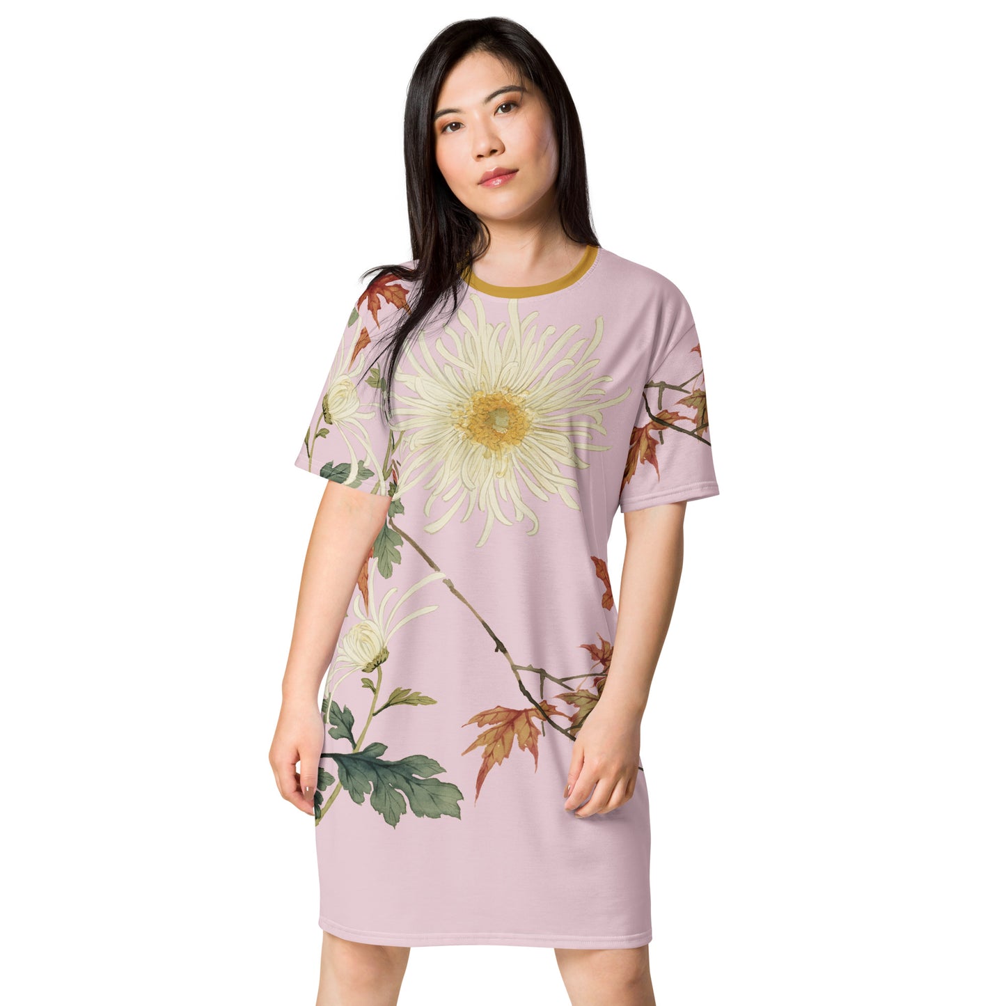 The Spirit of Flowers in Twelve Months｜Blooming Chrysanthemum and Maple Leaves｜T-shirt dress｜Pale pinkish gray