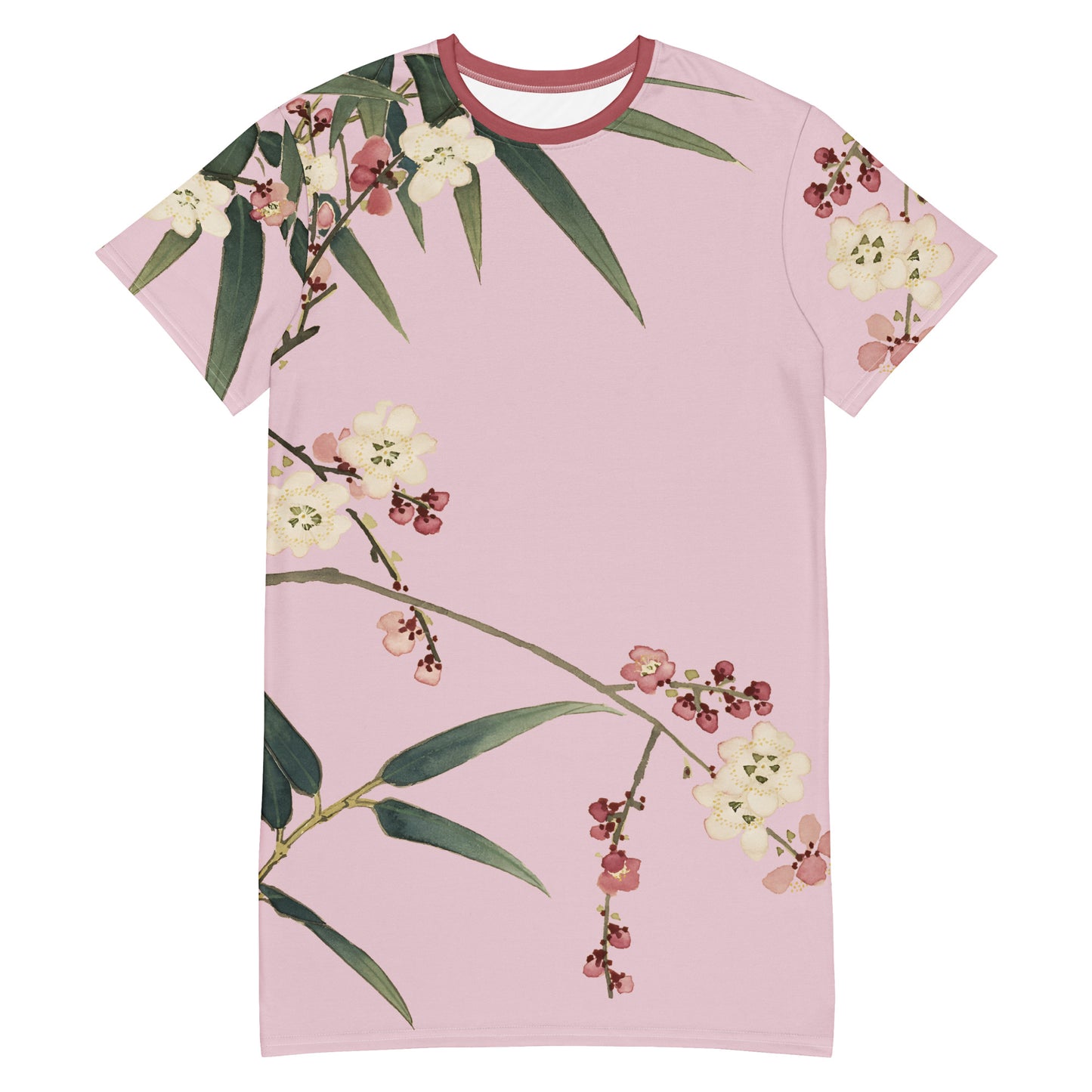 The Spirit of Flowers in Twelve Months｜Crimson Plum Blossom and Lush Green Bamboo｜T-shirt dress｜Pale pinkish gray