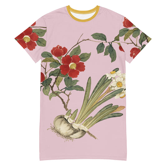 The Spirit of Flowers in Twelve Months｜Narcissus and Camelia in Bloom｜T-shirt dress｜Pale pinkish gray