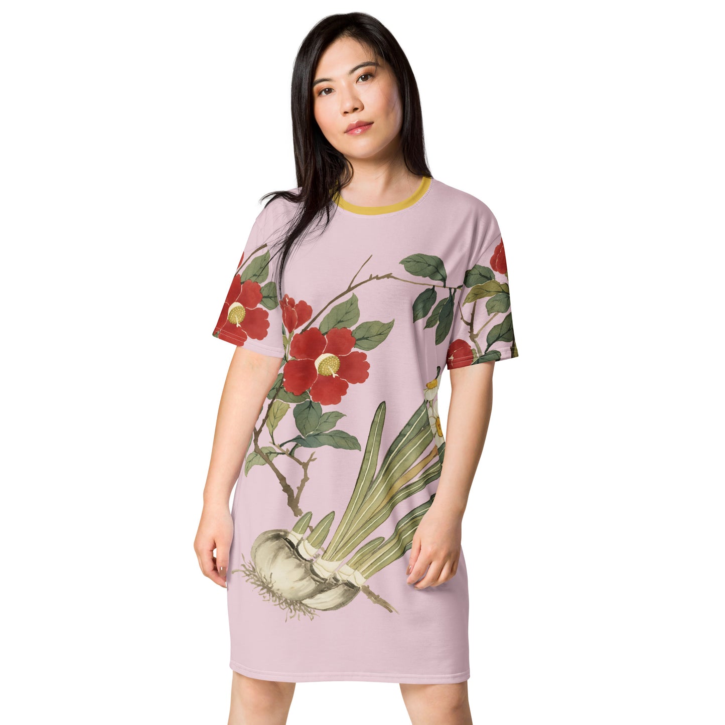 The Spirit of Flowers in Twelve Months｜Narcissus and Camelia in Bloom｜T-shirt dress｜Pale pinkish gray