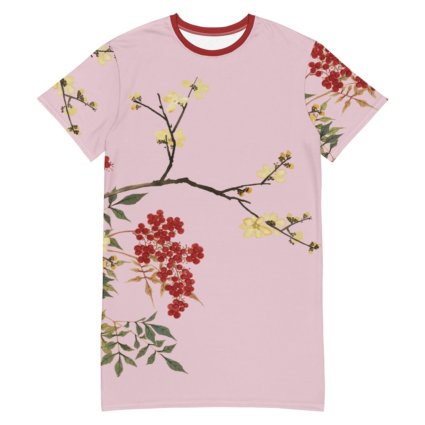 The Spirit of Flowers in Twelve Months｜Blooming Wintersweet and Heavenly Bamboo｜T-shirt dress｜Pale pinkish gray