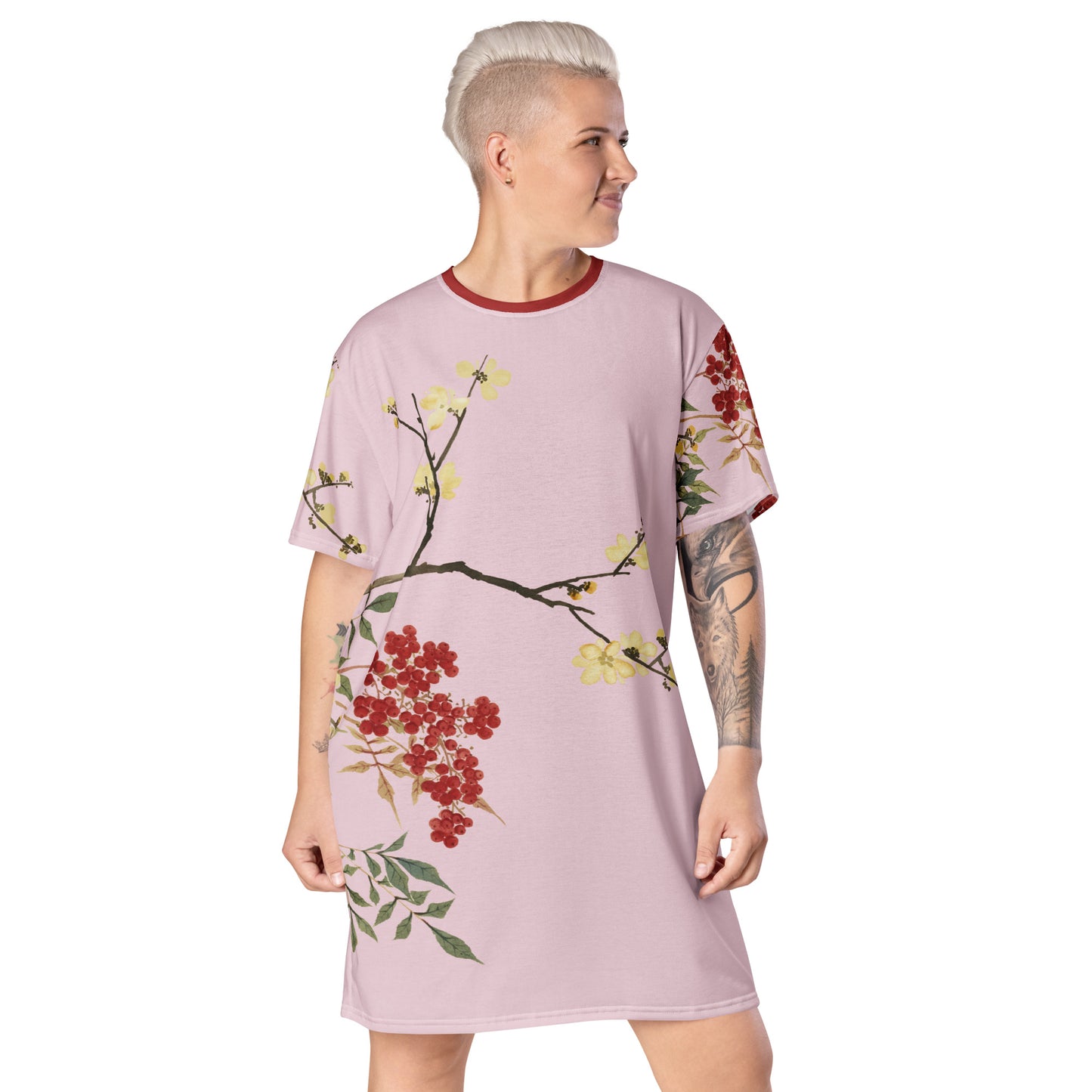 The Spirit of Flowers in Twelve Months｜Blooming Wintersweet and Heavenly Bamboo｜T-shirt dress｜Pale pinkish gray