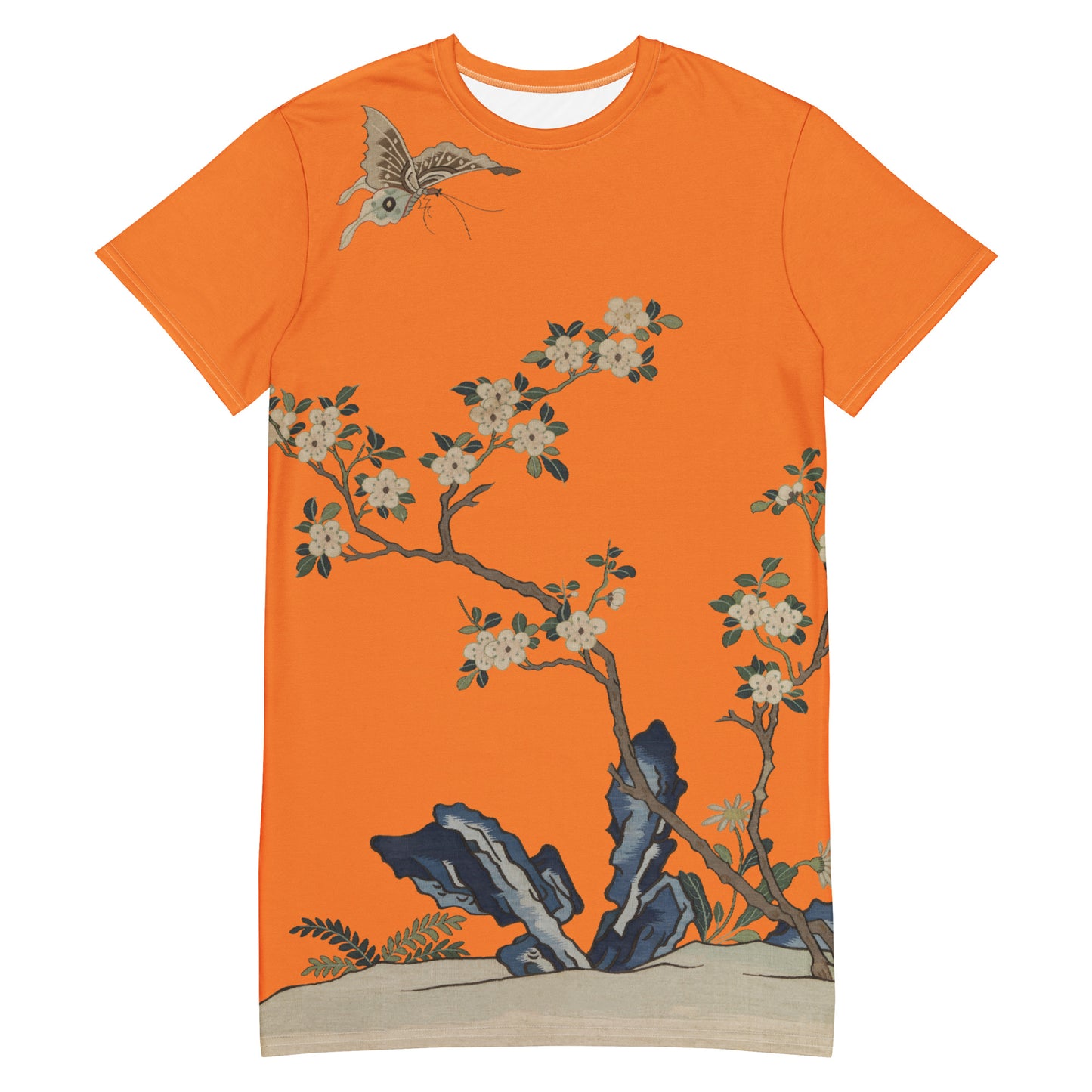 Kesi Flower Album｜White Plum Blossoms and Butterfly｜T-shirt dress｜Orange