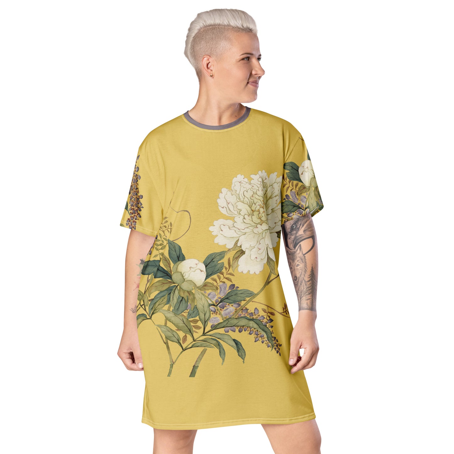 The Spirit of Flowers in Twelve Months｜Chinese Peony and Wisteria in Bloom｜T-shirt dress｜Gold