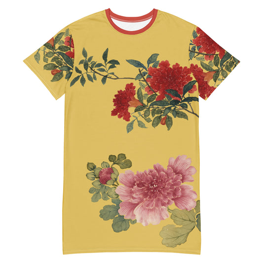 The Spirit of Flowers in Twelve Months｜Hollyhock and Pomegranate in Bloom｜T-shirt dress｜Gold