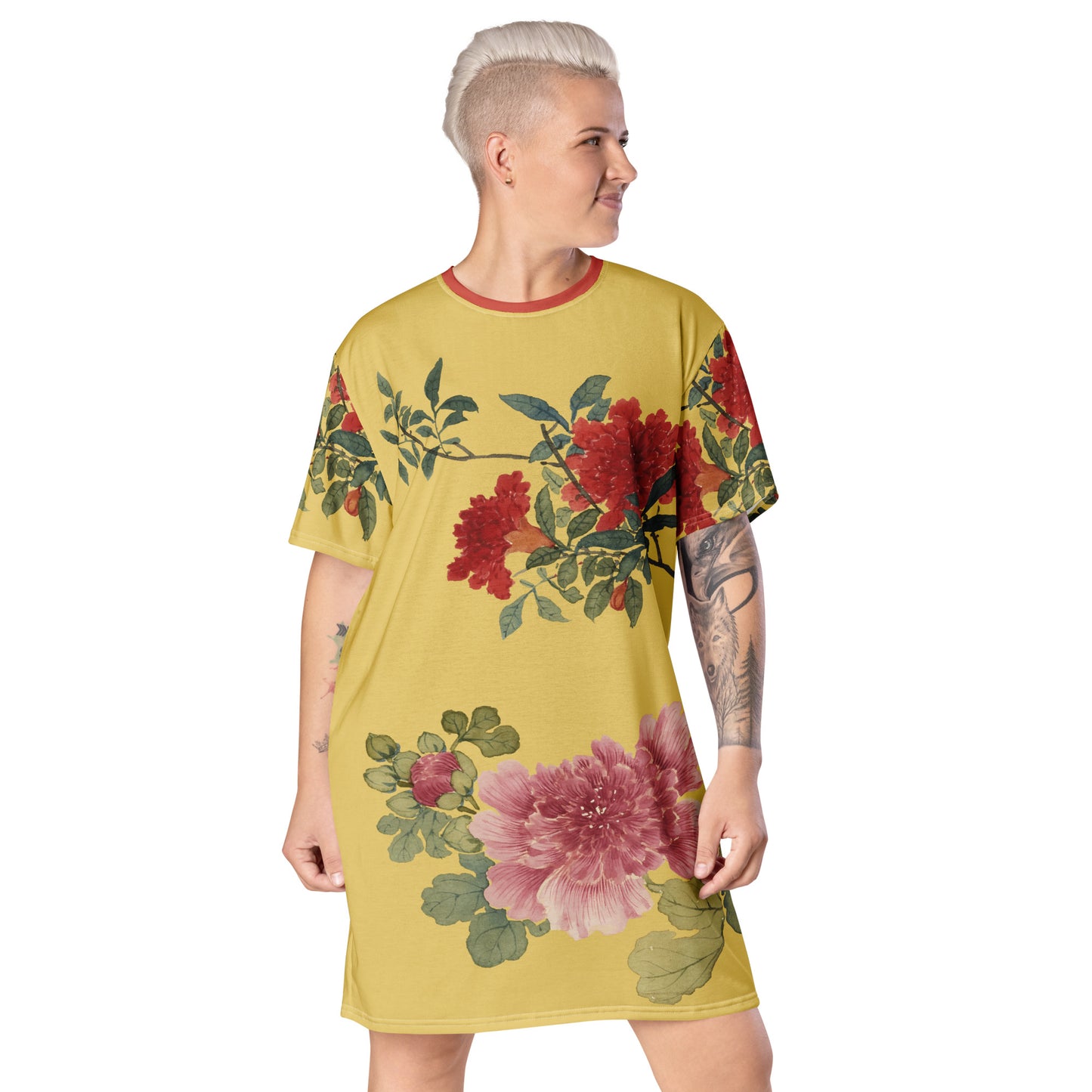 The Spirit of Flowers in Twelve Months｜Hollyhock and Pomegranate in Bloom｜T-shirt dress｜Gold