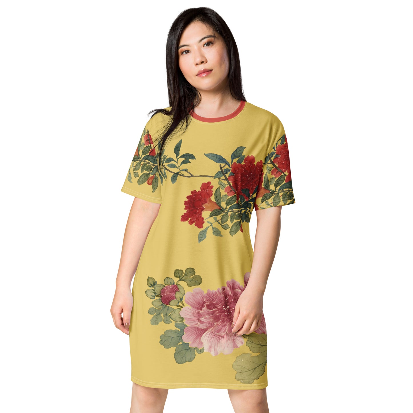 The Spirit of Flowers in Twelve Months｜Hollyhock and Pomegranate in Bloom｜T-shirt dress｜Gold