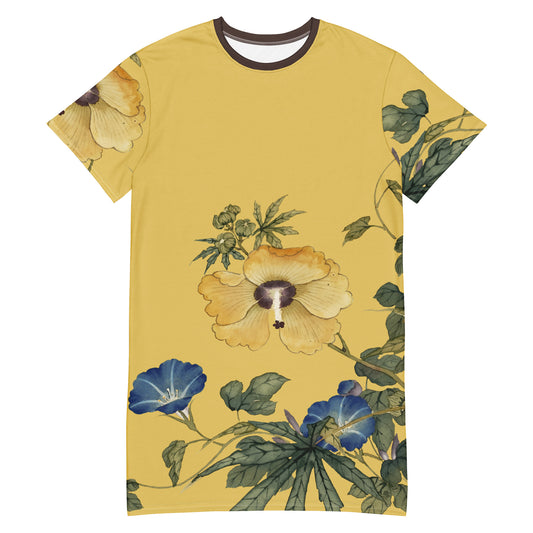 The Spirit of Flowers in Twelve Months｜Okra and White-edged Morning Glory in Bloom｜T-shirt dress｜Gold