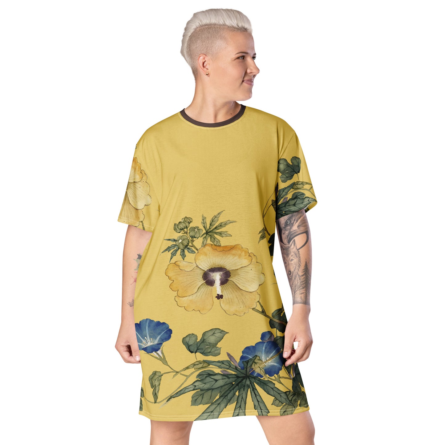 The Spirit of Flowers in Twelve Months｜Okra and White-edged Morning Glory in Bloom｜T-shirt dress｜Gold