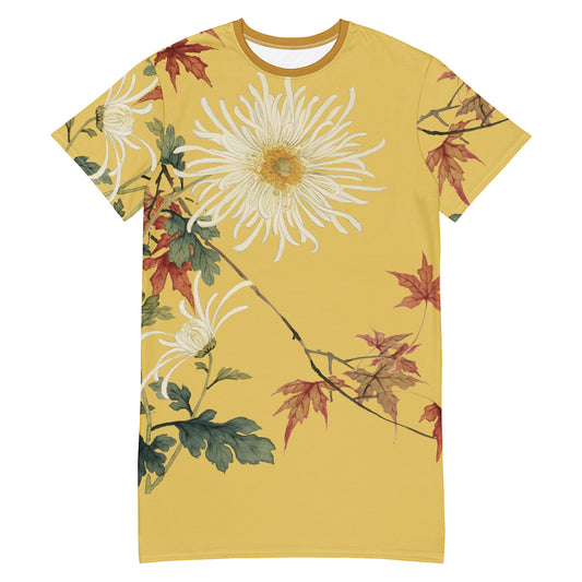 The Spirit of Flowers in Twelve Months｜Blooming Chrysanthemum and Maple Leaves｜T-shirt dress｜Gold