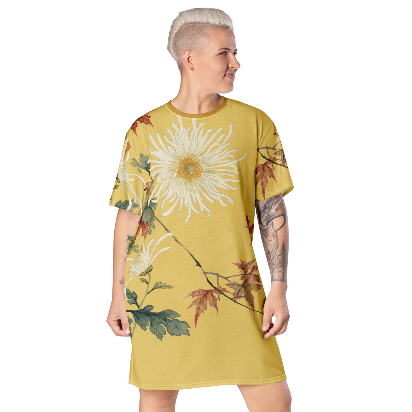 The Spirit of Flowers in Twelve Months｜Blooming Chrysanthemum and Maple Leaves｜T-shirt dress｜Gold