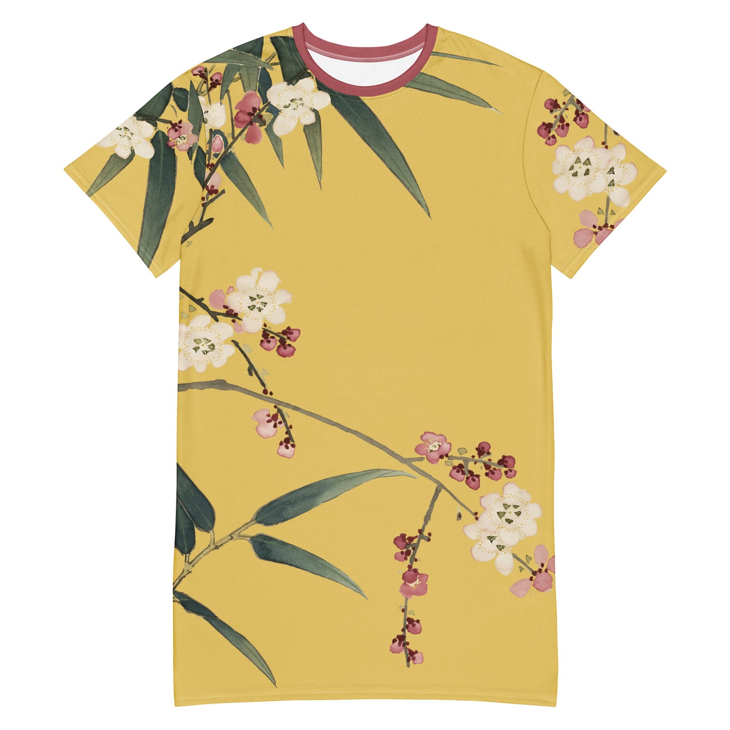 12月の花神様｜Crimson Plum Blossom and Lush Green Bamboo｜T-shirt dress｜Gold