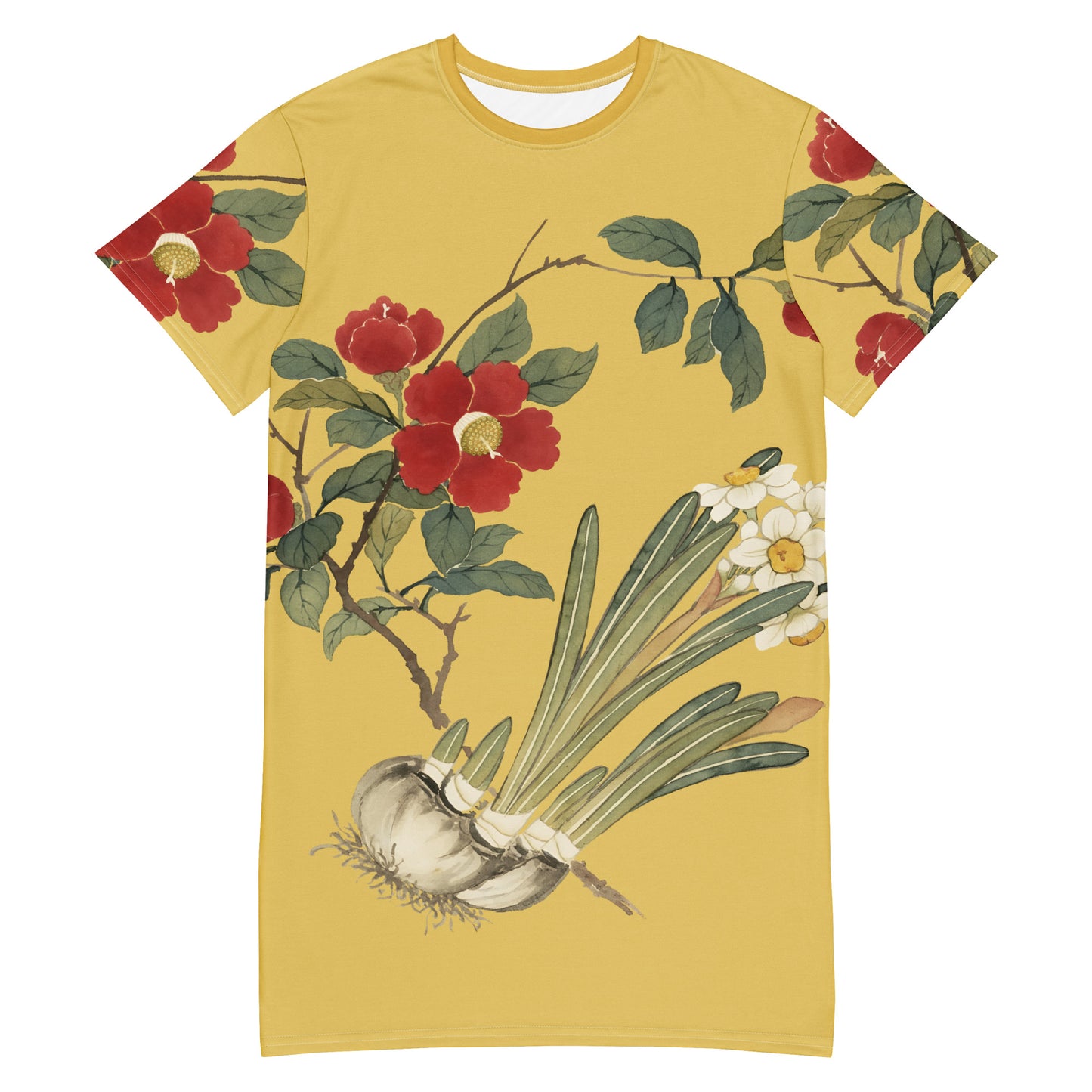 12月の花神様｜Narcissus and Camelia in Bloom｜Tシャツドレス｜ゴールド