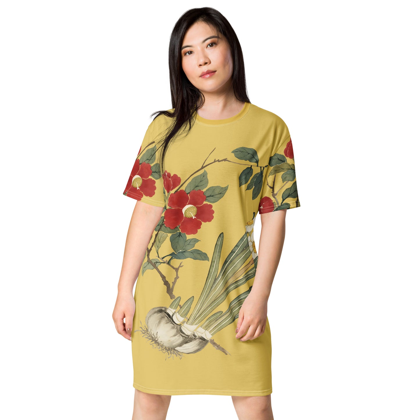 12月の花神様｜Narcissus and Camelia in Bloom｜Tシャツドレス｜ゴールド