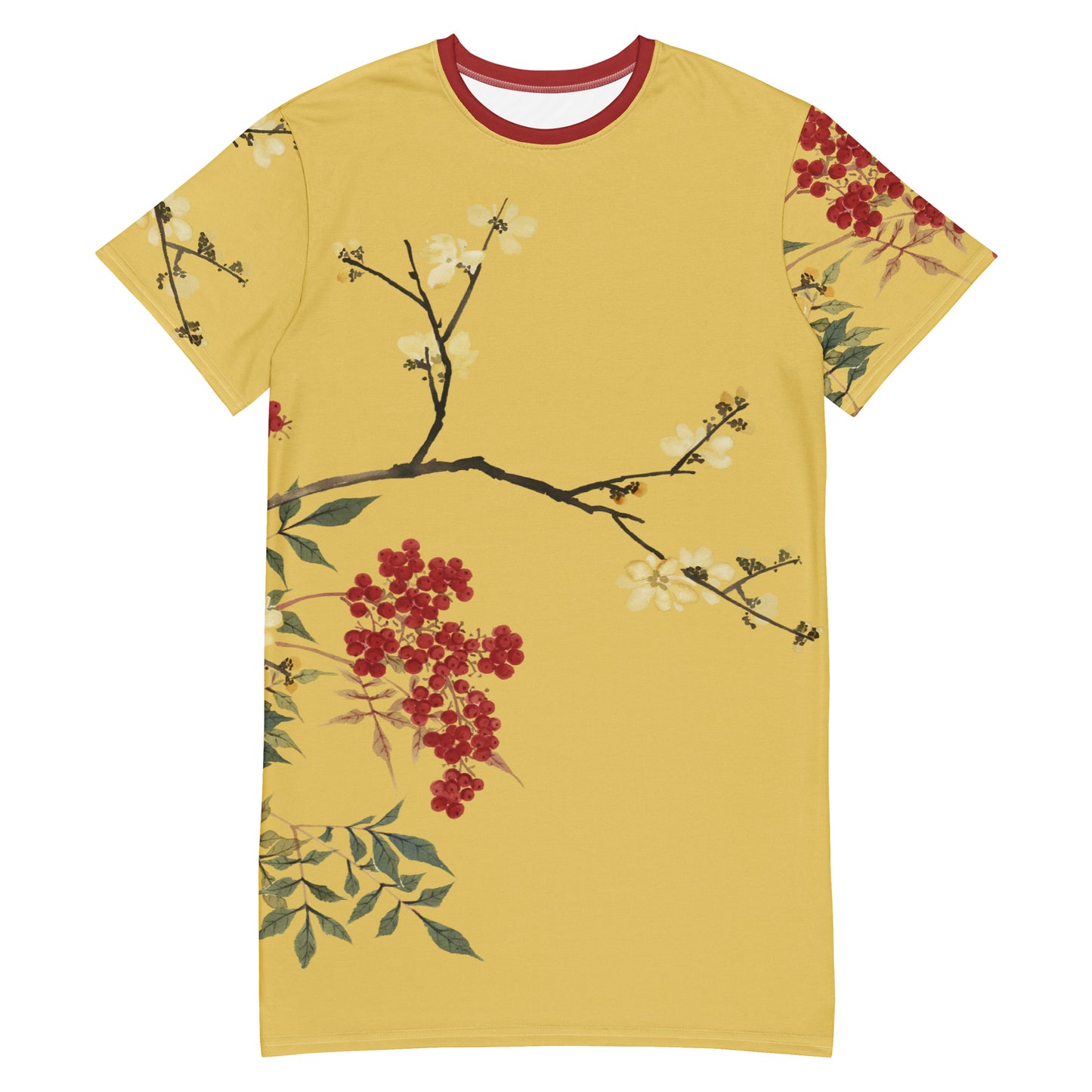 The Spirit of Flowers in Twelve Months｜Blooming Wintersweet and Heavenly Bamboo｜T-shirt dress｜Gold