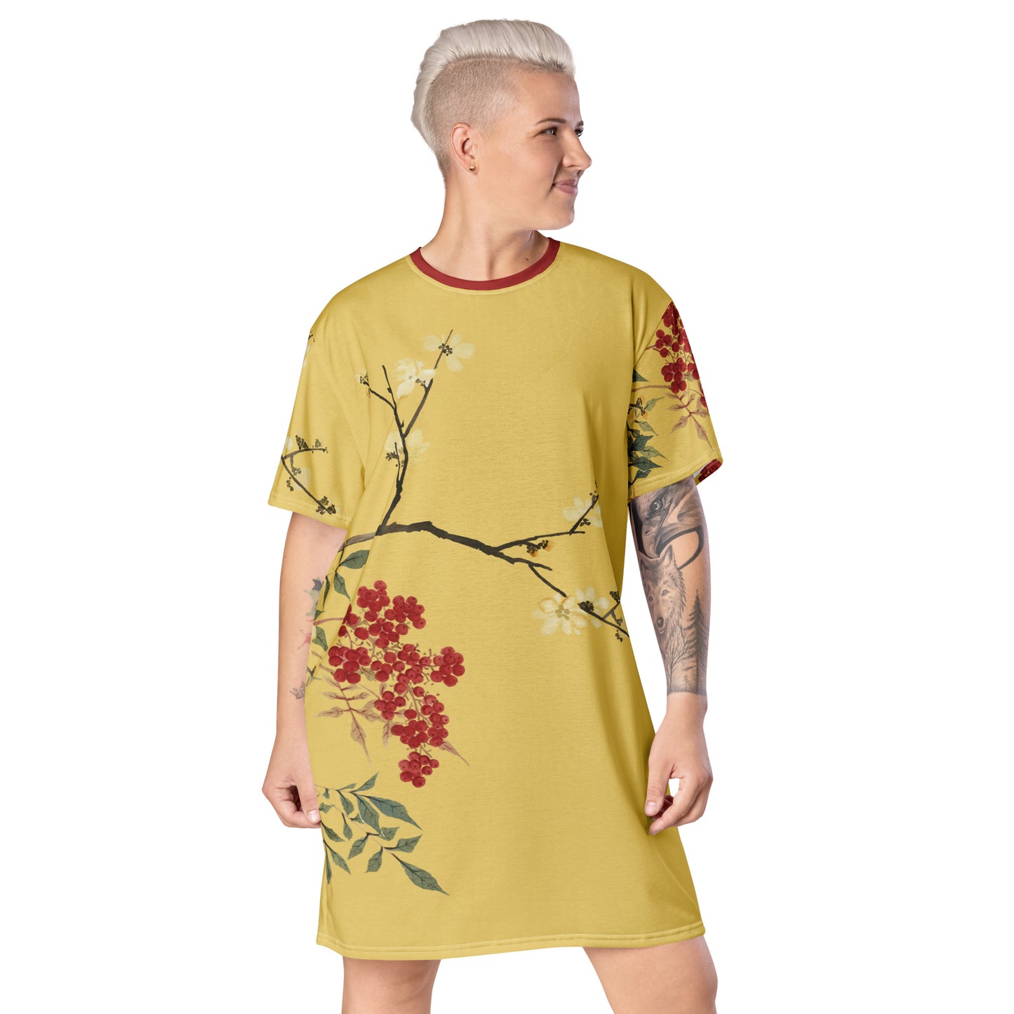 The Spirit of Flowers in Twelve Months｜Blooming Wintersweet and Heavenly Bamboo｜T-shirt dress｜Gold