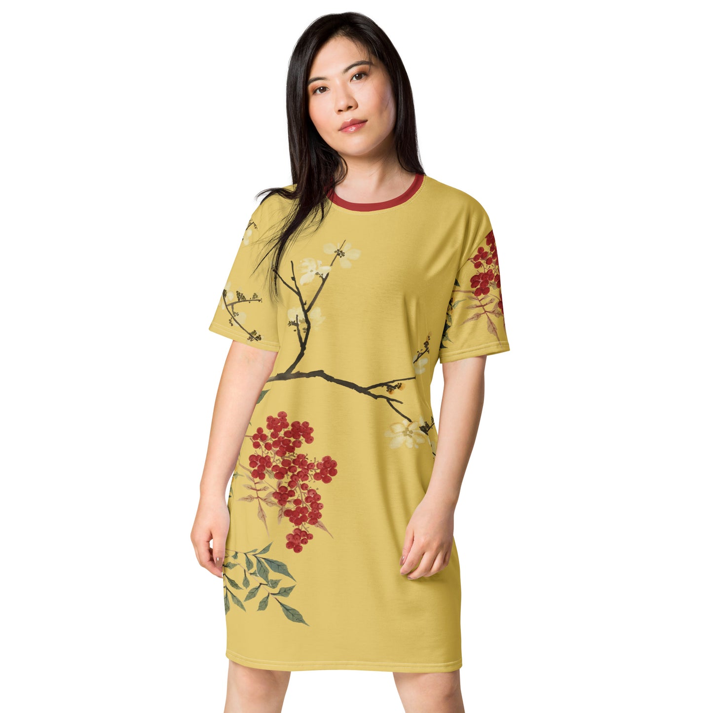 The Spirit of Flowers in Twelve Months｜Blooming Wintersweet and Heavenly Bamboo｜T-shirt dress｜Gold