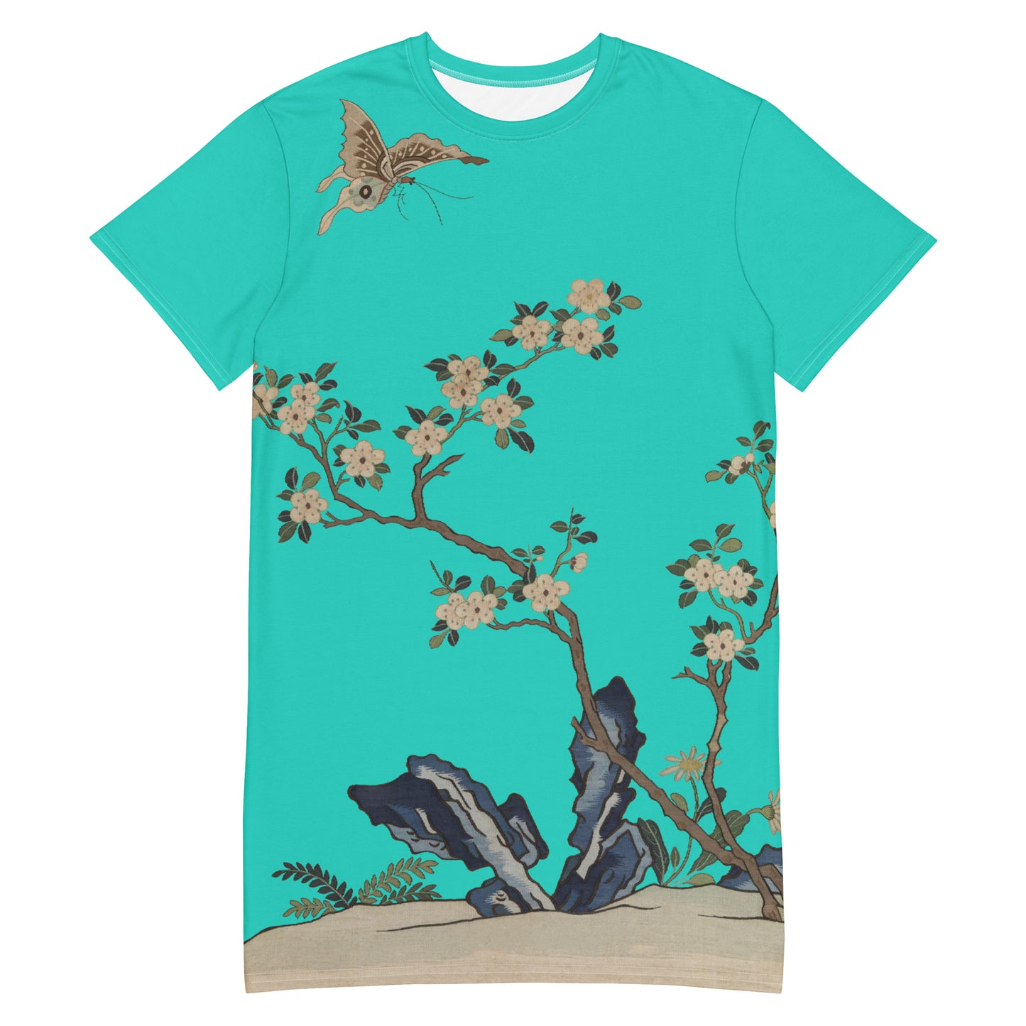 Kesi Flower Album｜White Plum Blossoms and Butterfly｜T-shirt dress｜Turquoise