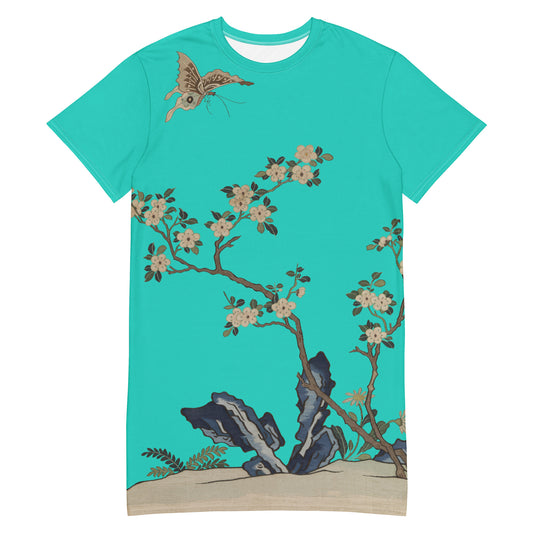 Kesi Flower Album｜White Plum Blossoms and Butterfly｜T-shirt dress｜Turquoise