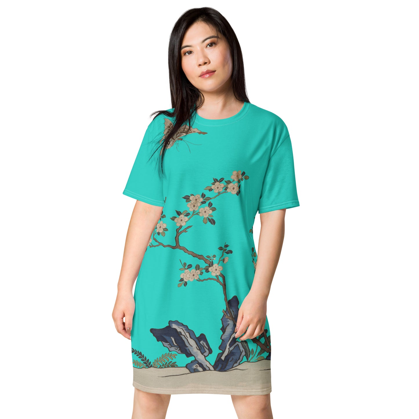 Kesi Flower Album｜White Plum Blossoms and Butterfly｜T-shirt dress｜Turquoise