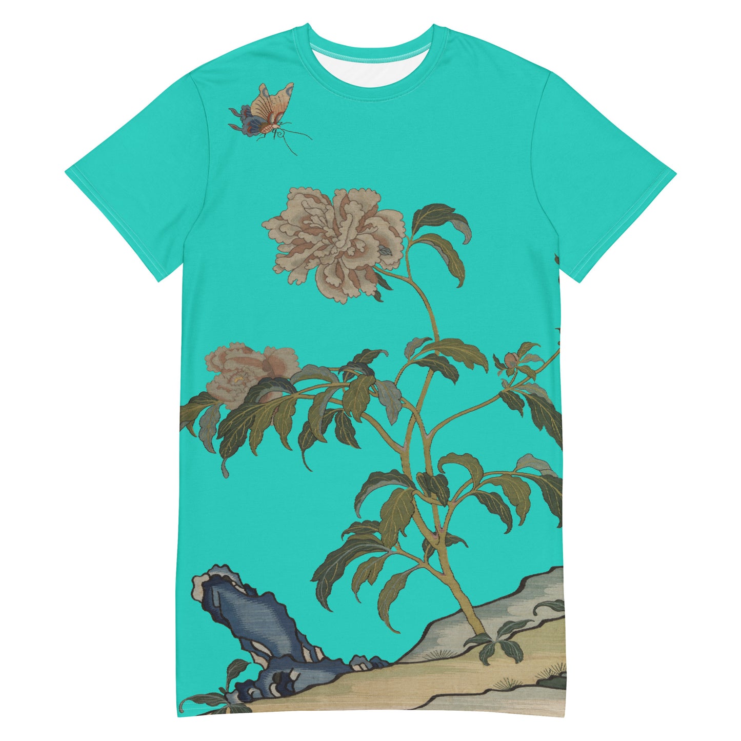 Kesi Flower Album｜Peonies and Butterfly｜T-shirt dress｜Turquoise