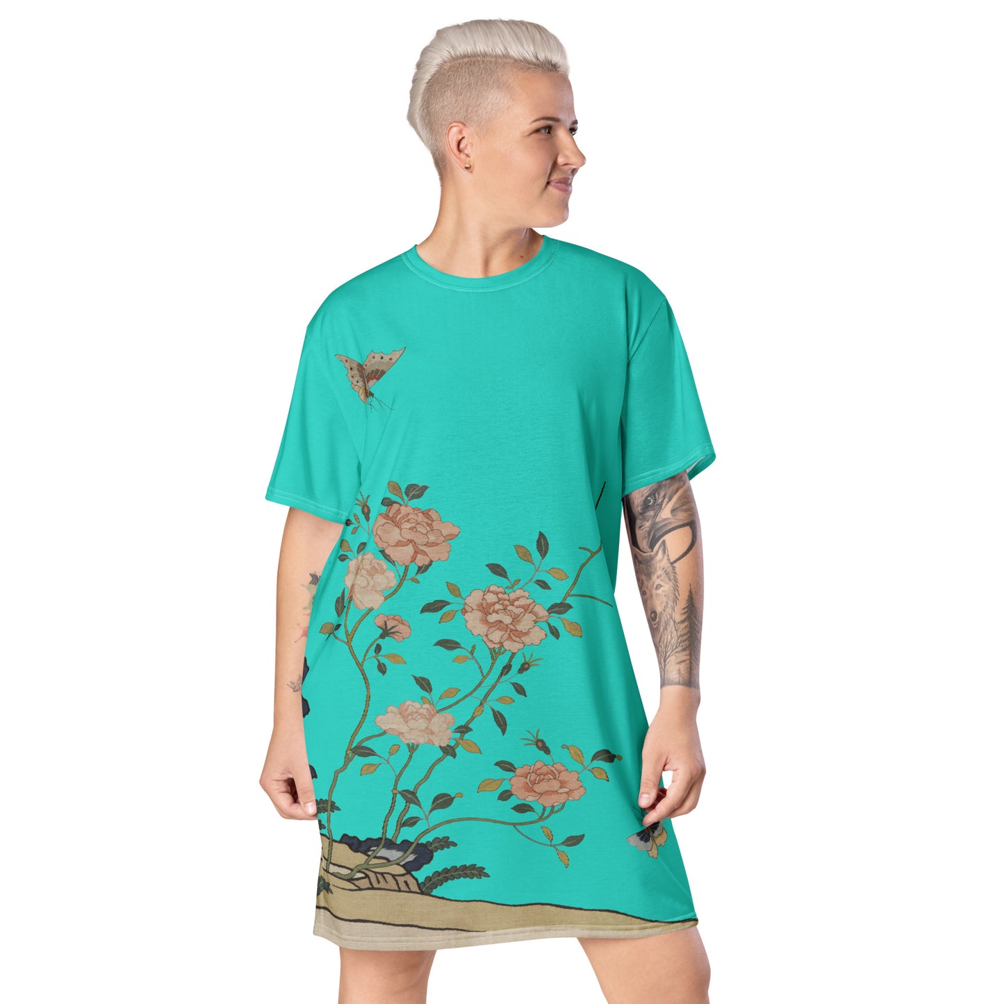 Kesi Flower Album｜Red Roses｜T-shirt dress｜Turquoise